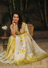 Yellow Hand Painted Pure Silk Saree - Vibrant and Elegant  Prasam Crafts