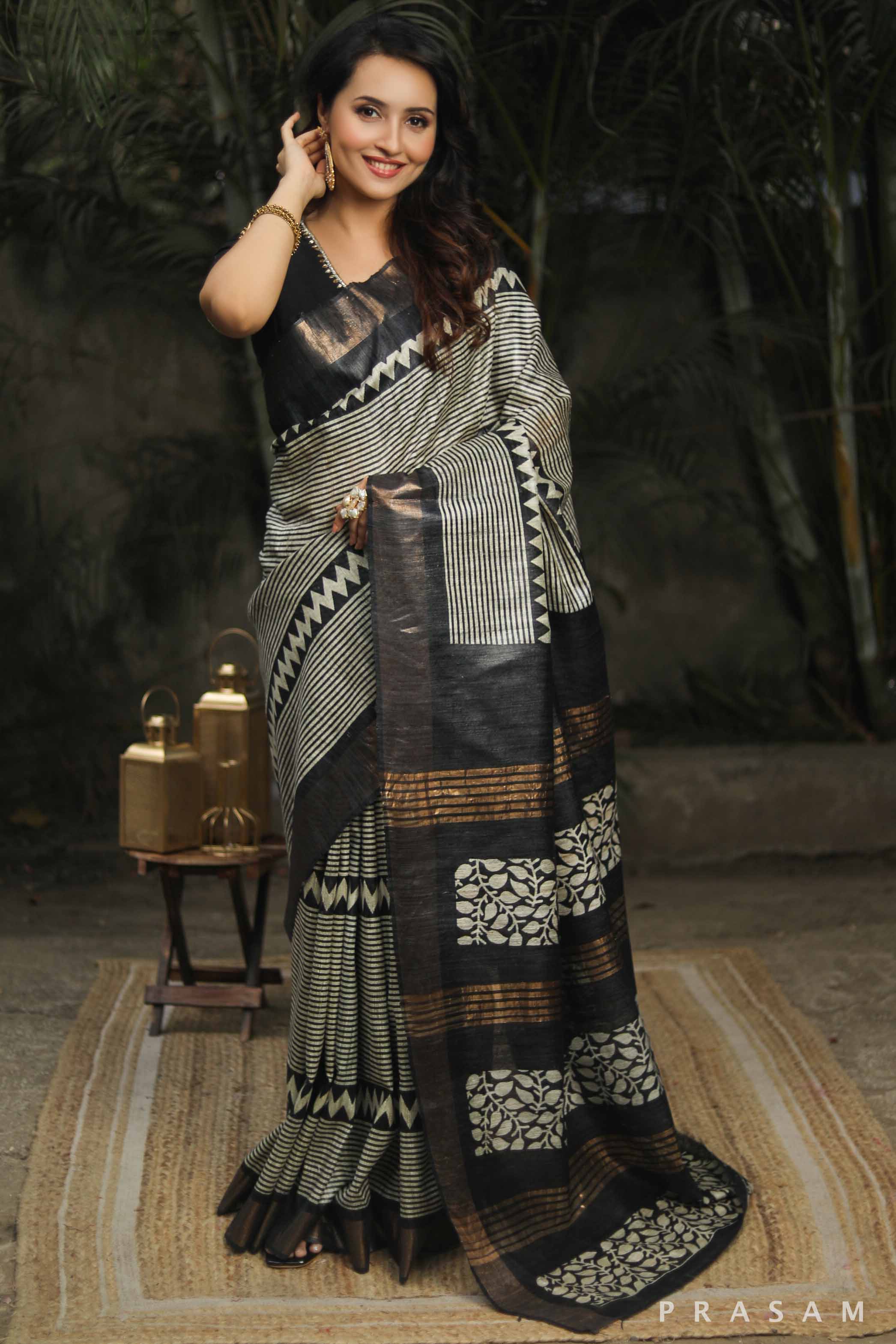 Zigzag Lane Tassar Gichha printed Silk Saree Prasam Crafts