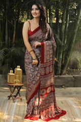 Cherry Maze Red Ajrakh Modal Silk Saree Prasam crafts