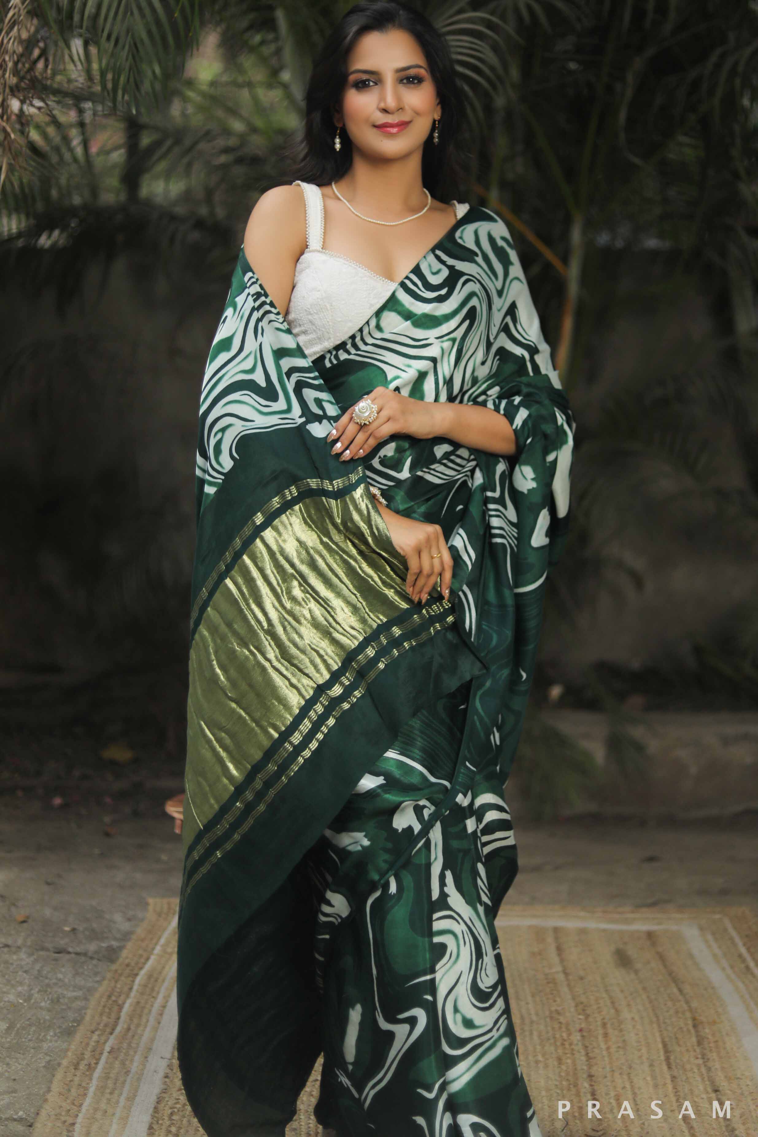 Jade Marble - Marble print Ajrakh Modal Silk Saree Prasam Crafts