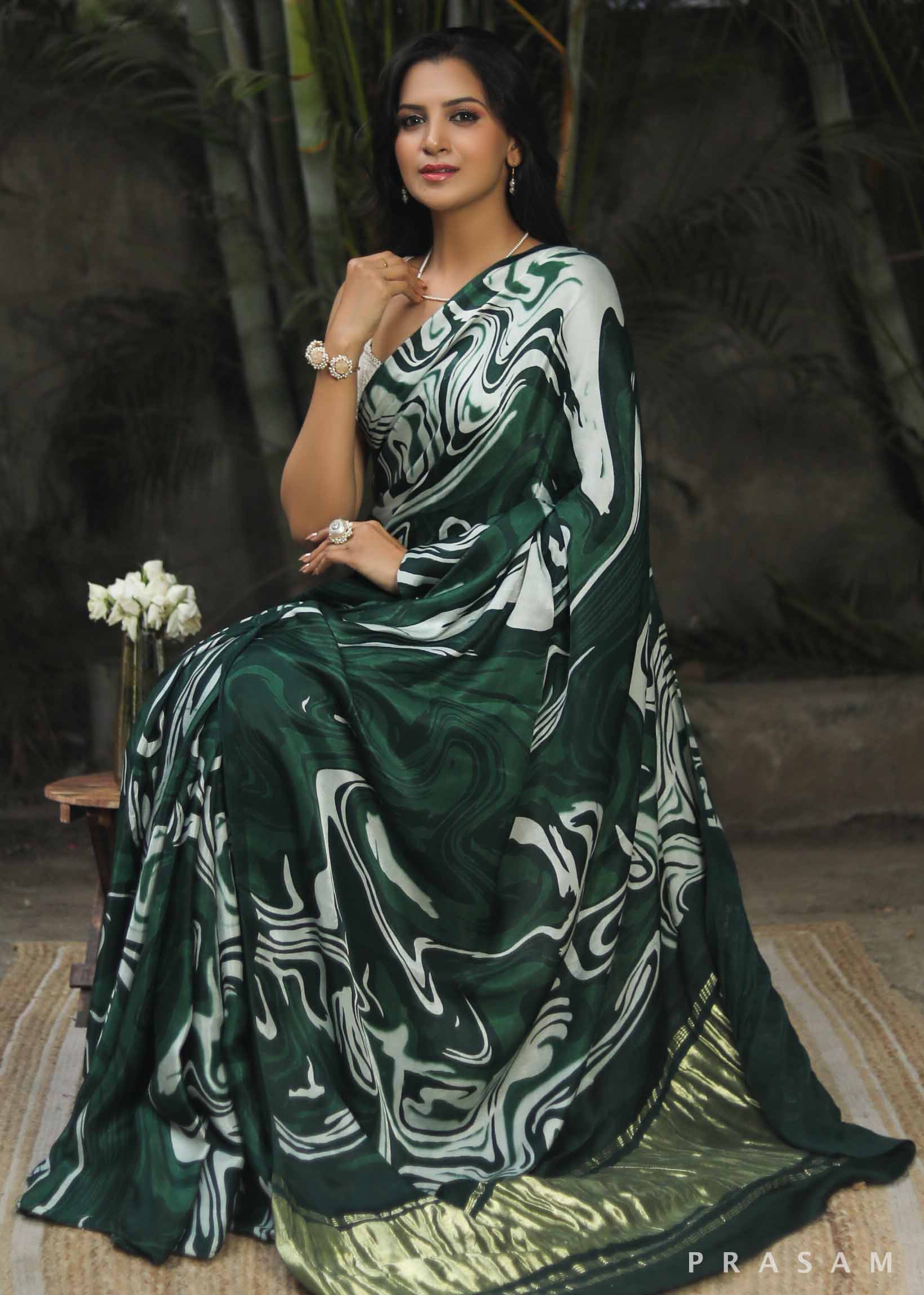 Jade Marble - Marble print Ajrakh Modal Silk Saree Prasam Crafts