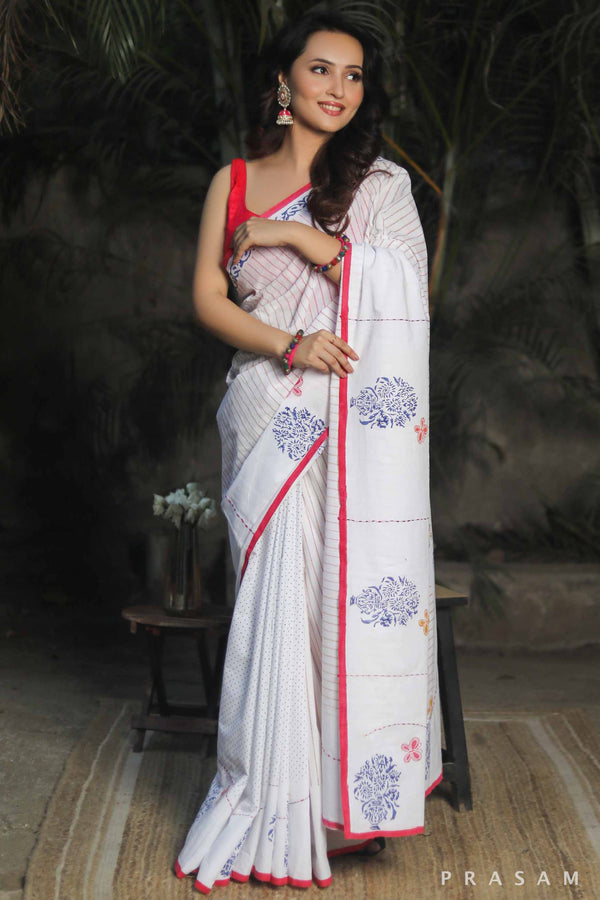 Lily White Cotton Mul Block Print Saree Prasam Crafts
