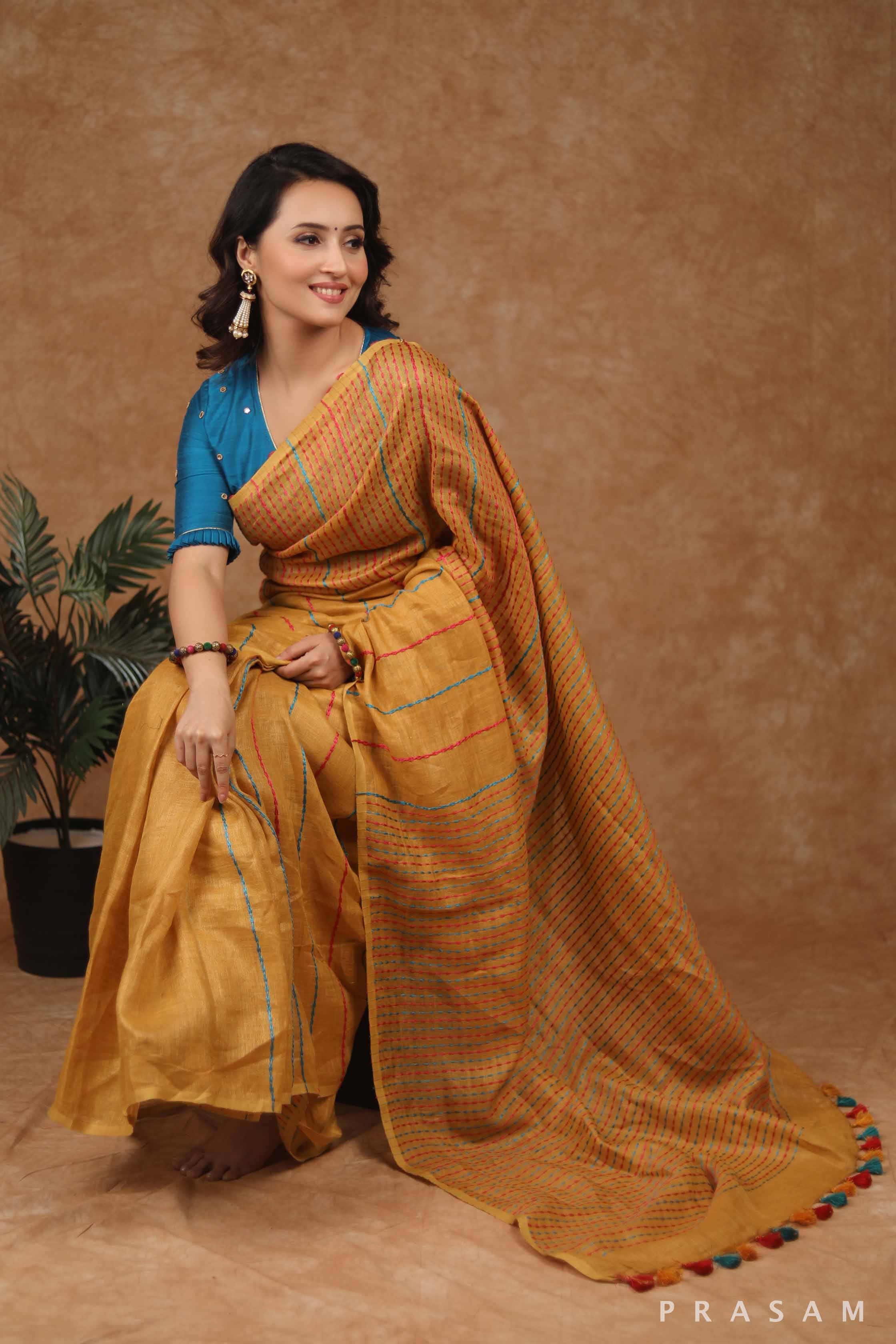 Dot Ochre Linen Kantha stitch Saree Prasam Crafts