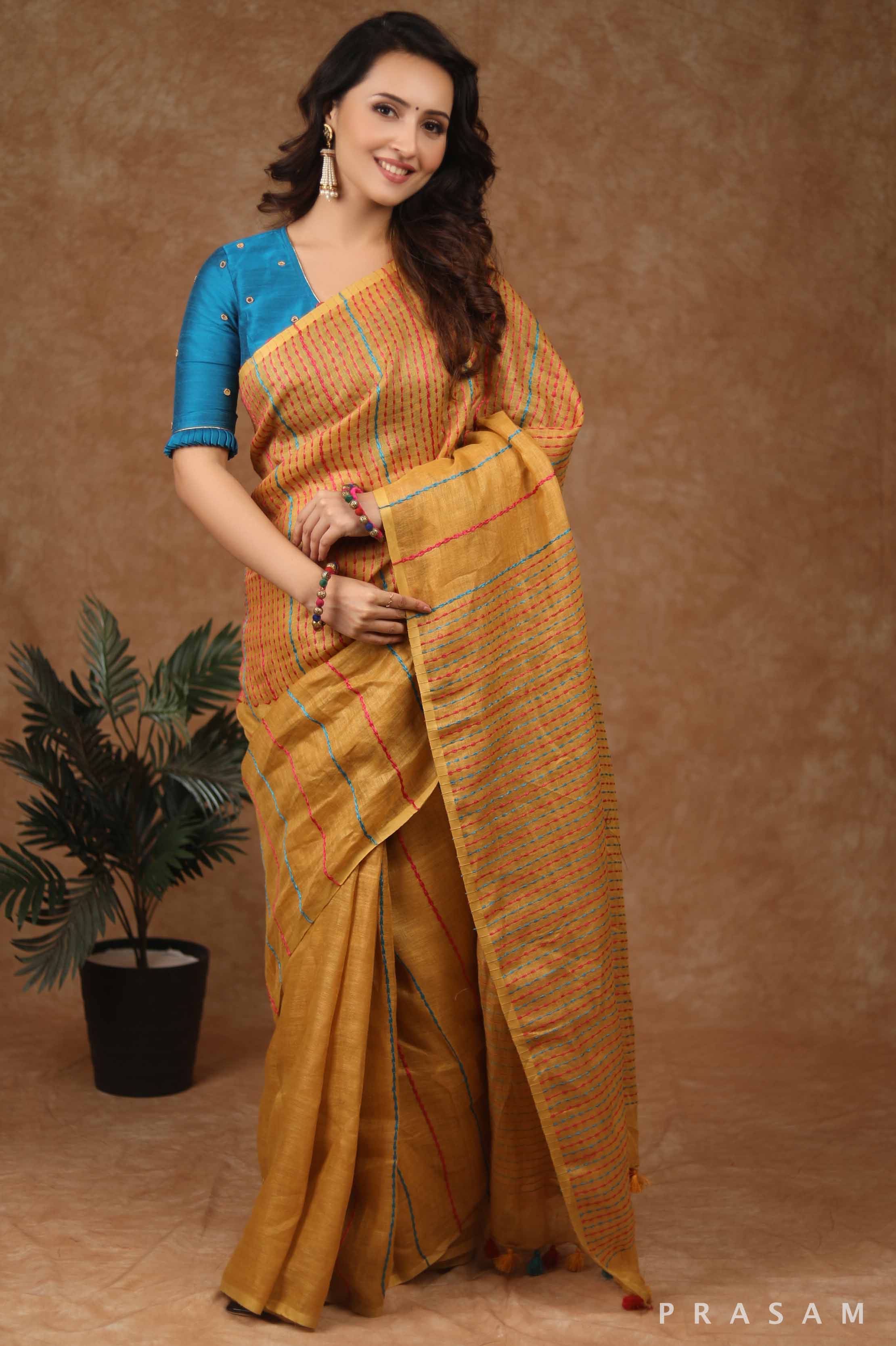 Dot Ochre Linen Kantha stitch Saree Prasam Crafts