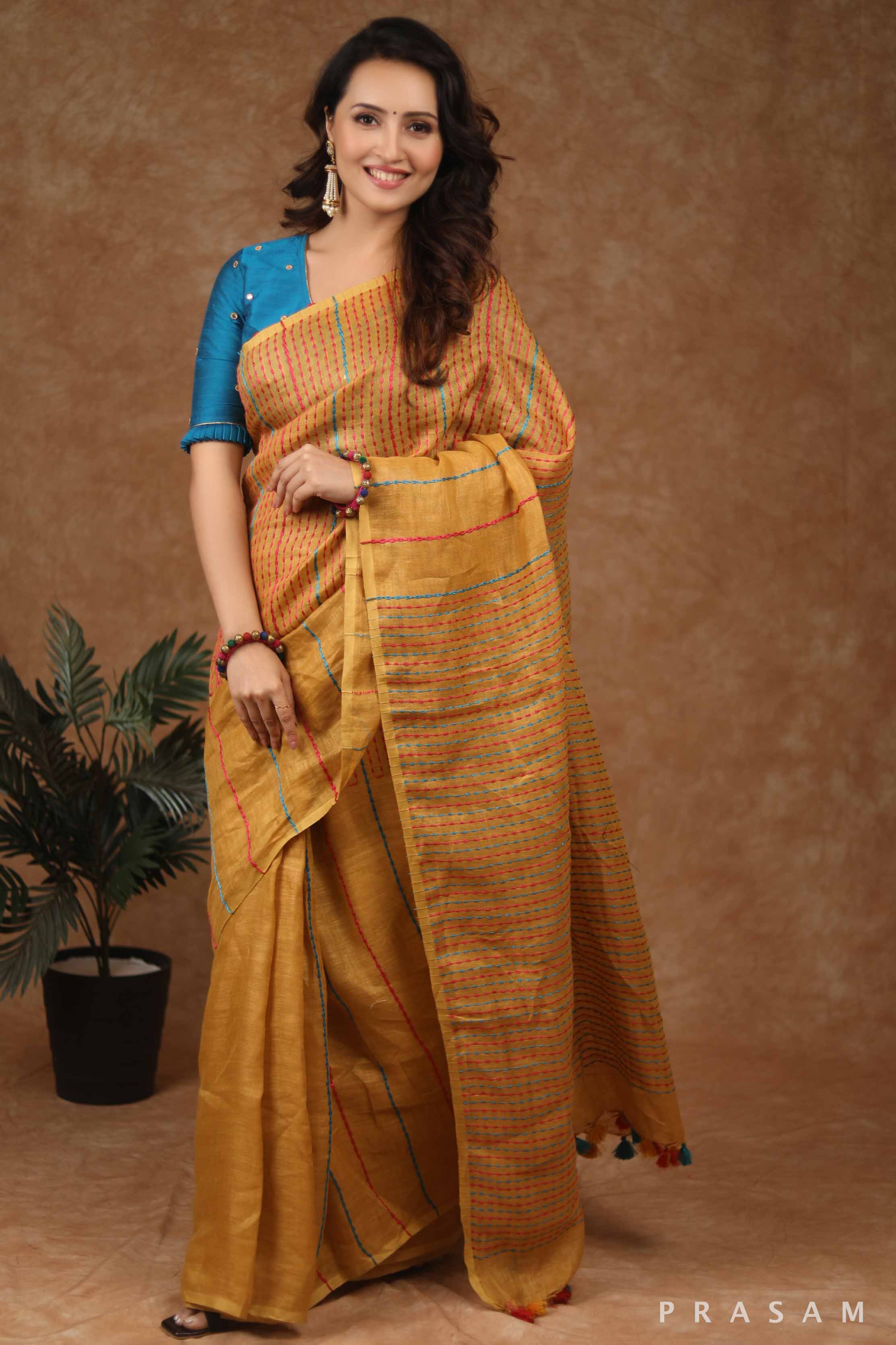 Dot Ochre Linen Kantha stitch Saree Prasam Crafts