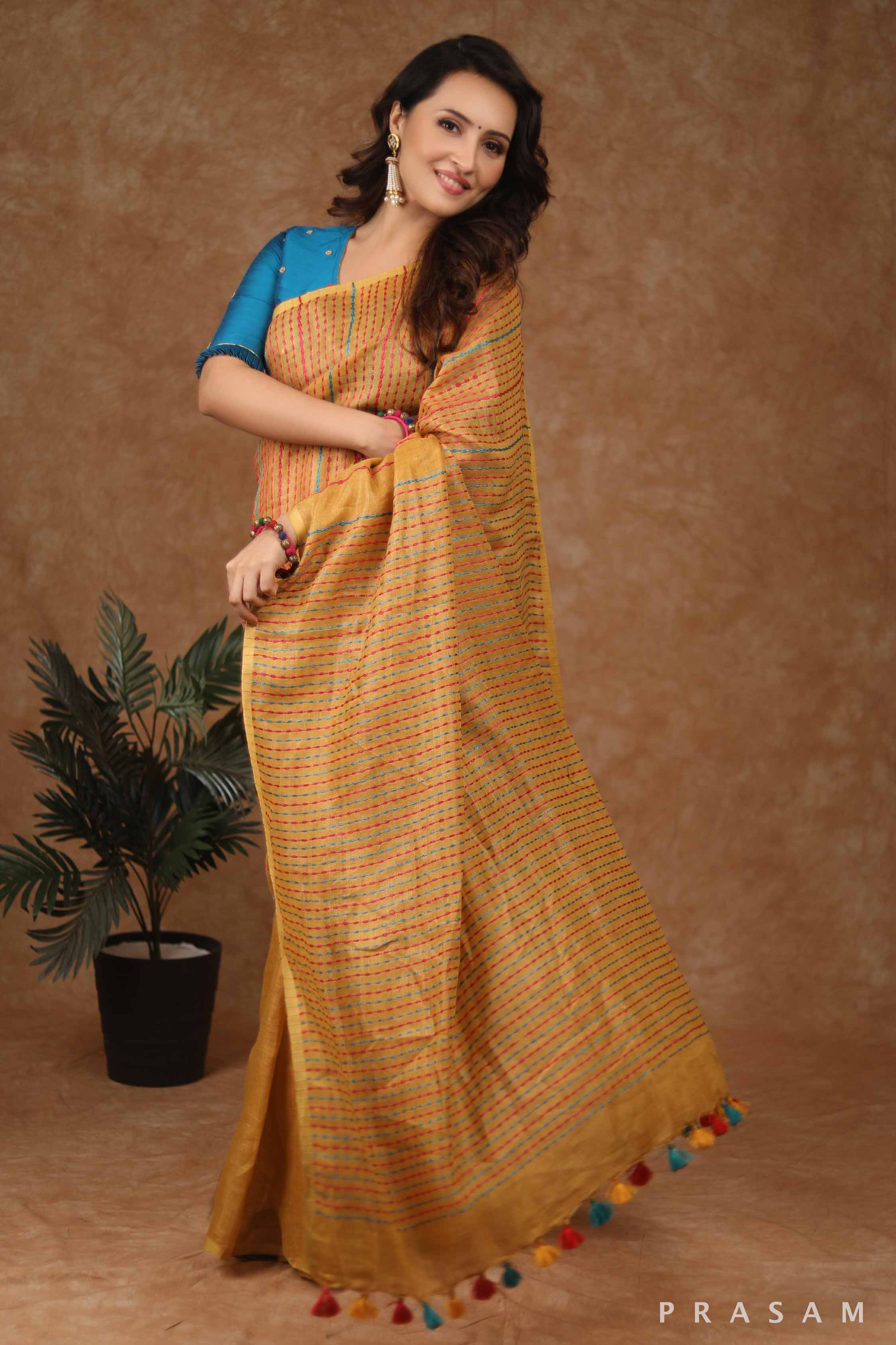 Dot Ochre Linen Kantha stitch Saree Prasam Crafts