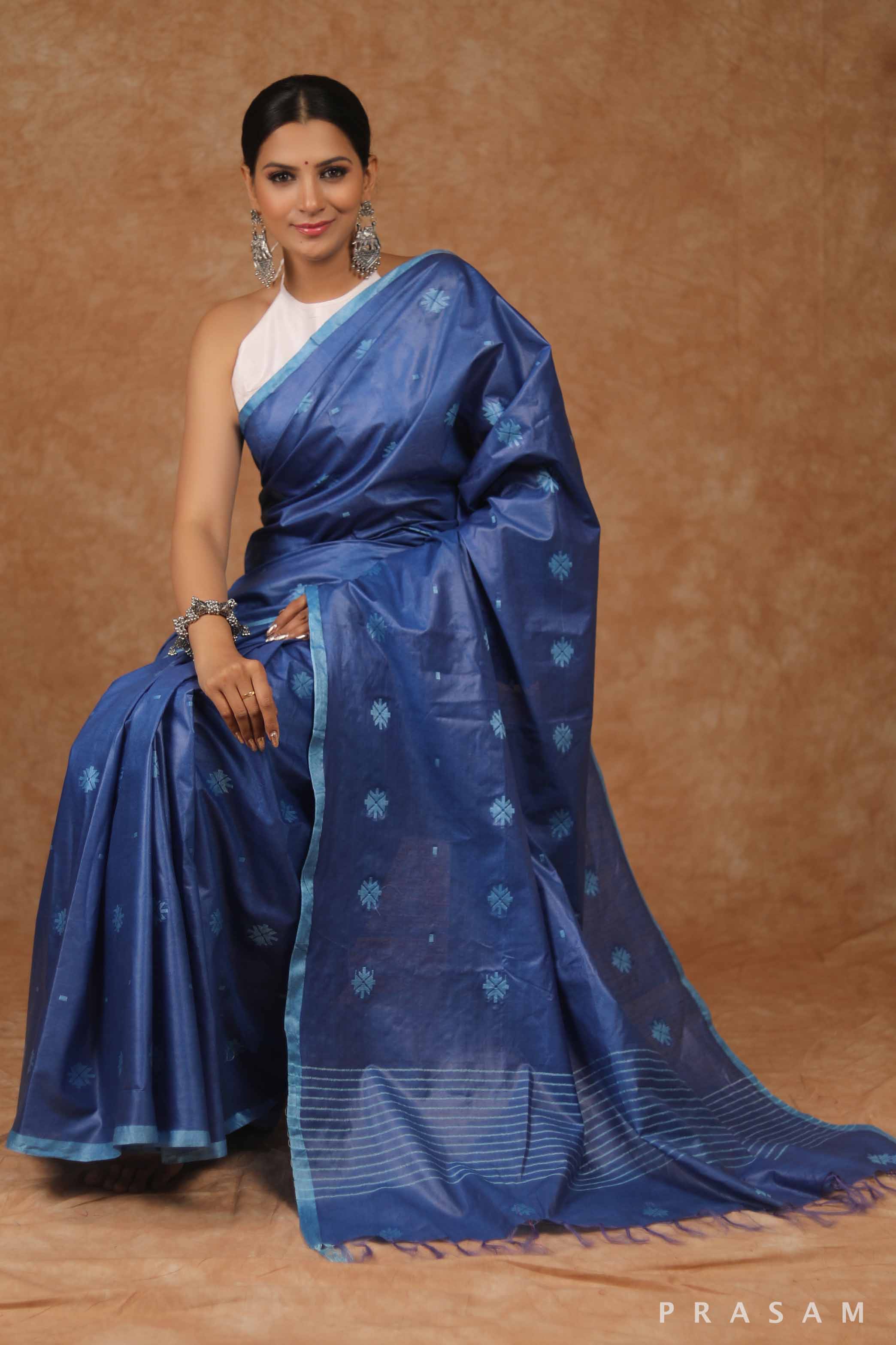 Steel Blue Cotton Blend Saree Prasam Crafts