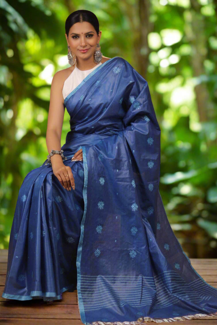 Steel Blue Cotton Blend Saree Prasam Crafts