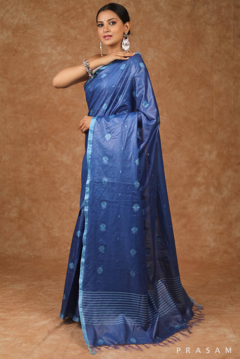 Steel Blue Cotton Blend Saree Prasam Crafts