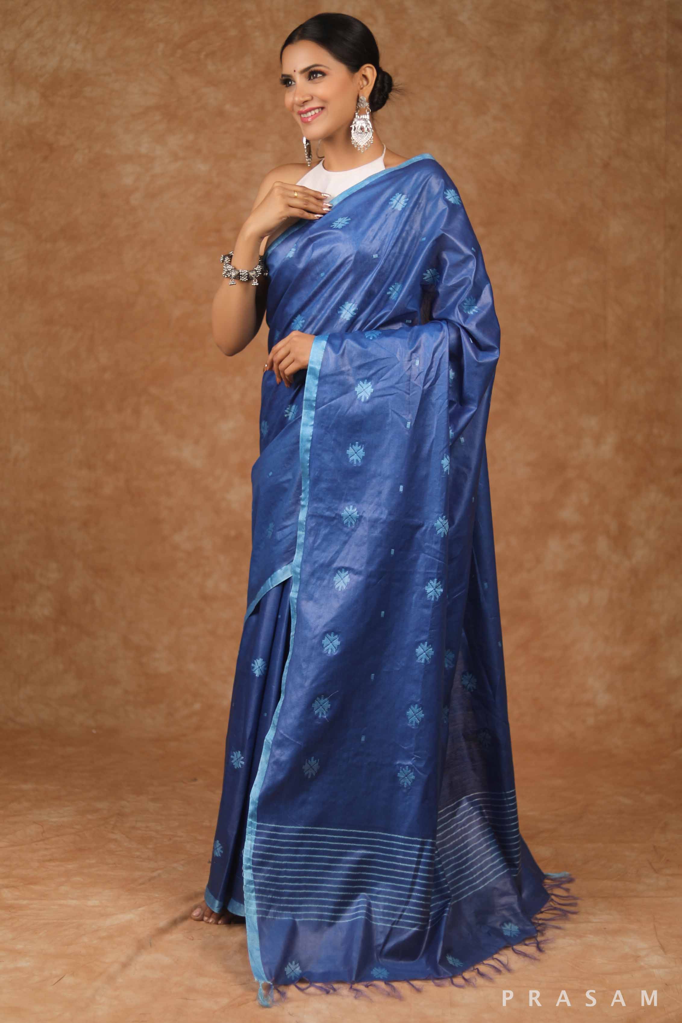 Steel Blue Cotton Blend Saree Prasam Crafts