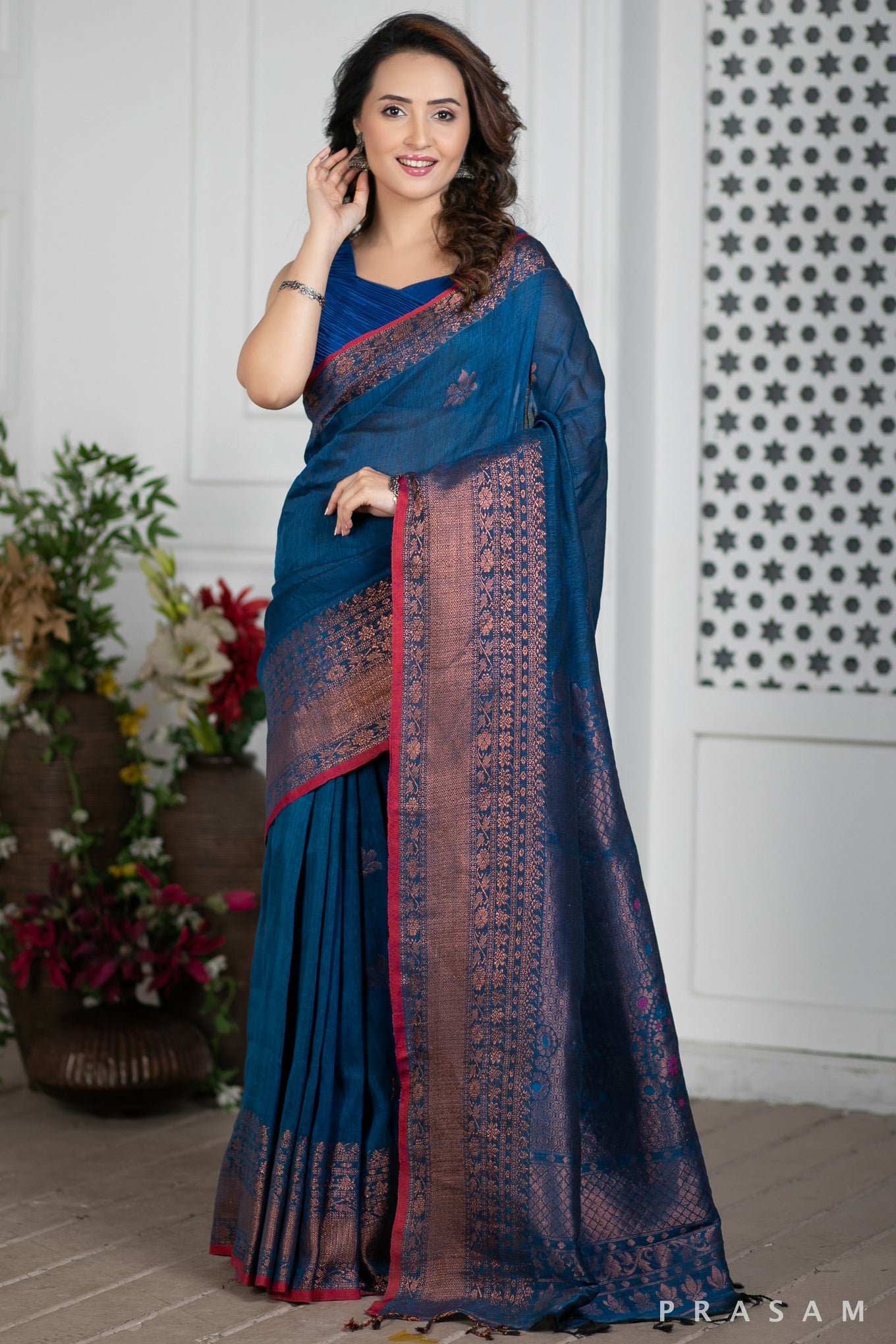 Blue Jay Handwoven Jamdani Copper Cotton Saree Prasam Crafts