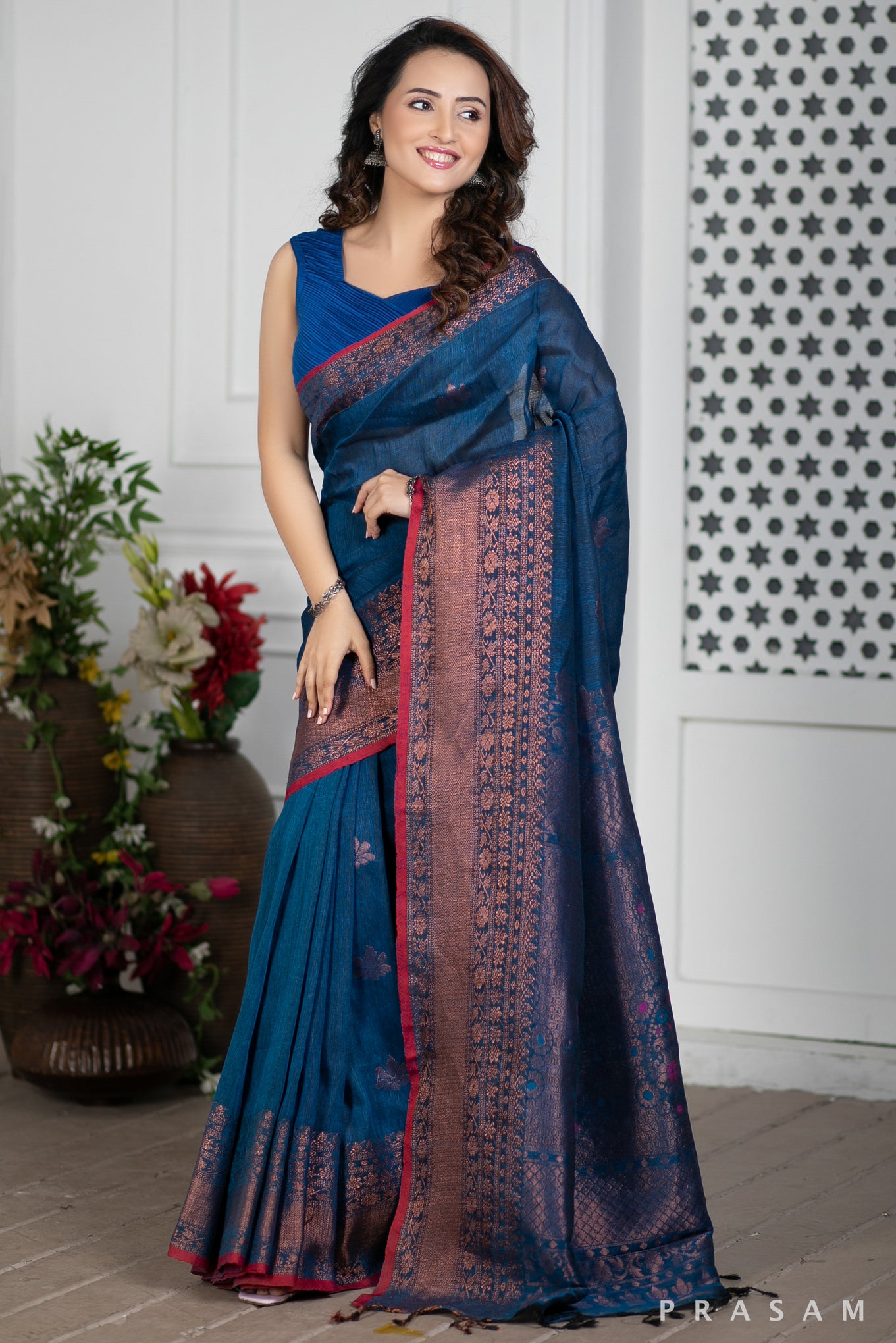 Blue Jay Handwoven Jamdani Copper Cotton Saree Prasam Crafts