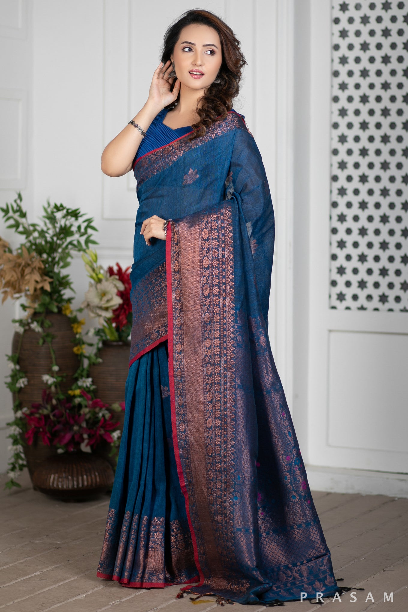 Blue Jay Handwoven Jamdani Copper Cotton Saree Prasam Crafts