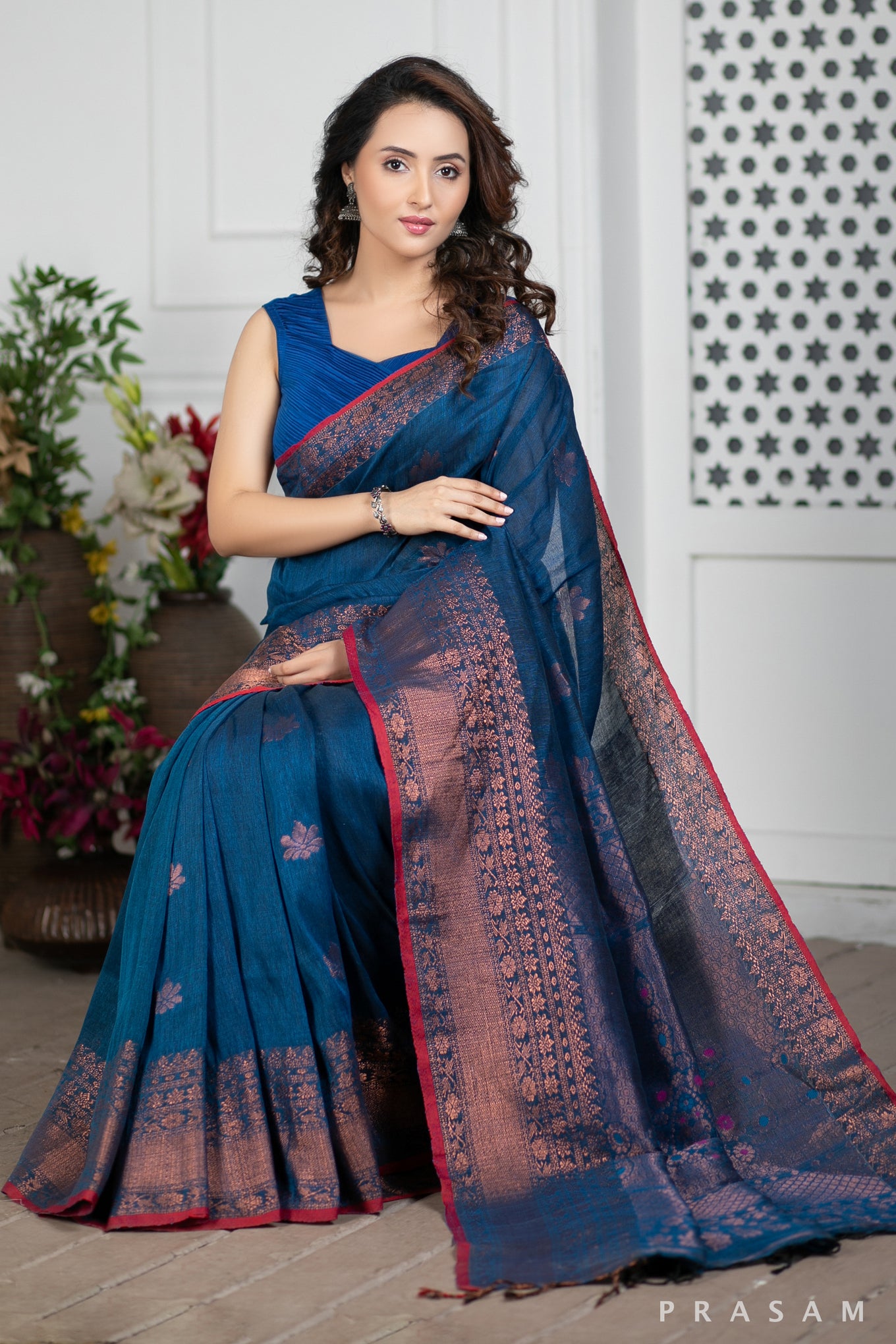 Blue Jay Handwoven Jamdani Copper Cotton Saree Prasam Crafts