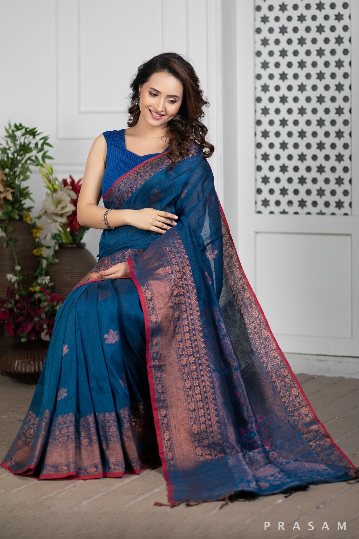 Blue Jay Handwoven Jamdani Copper Cotton Saree Prasam Crafts