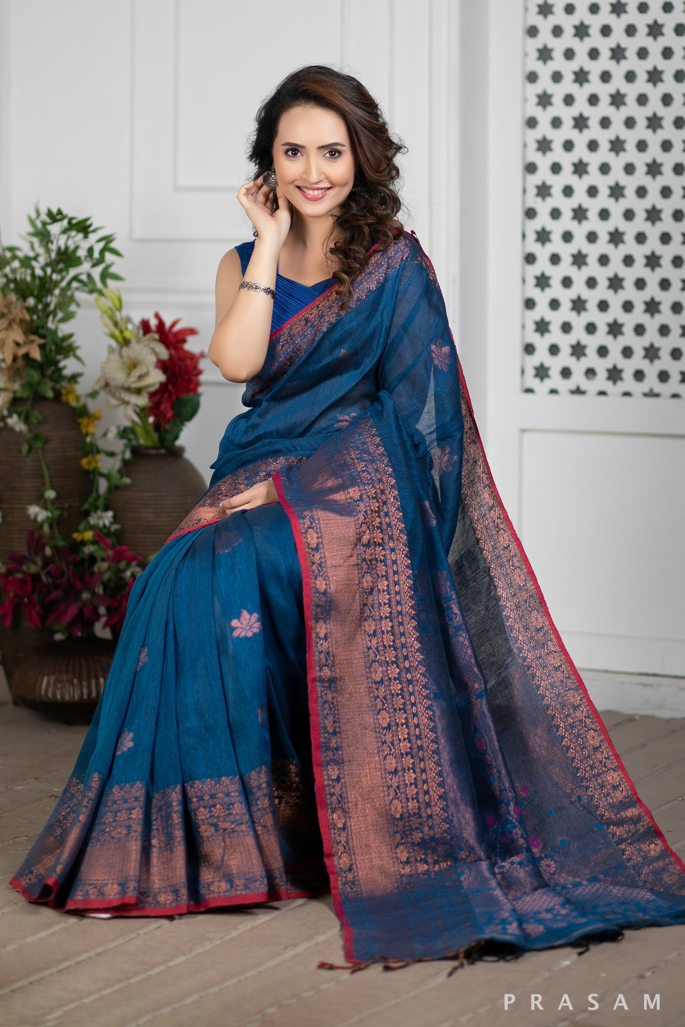 Blue Jay Handwoven Jamdani Copper Cotton Saree Prasam Crafts