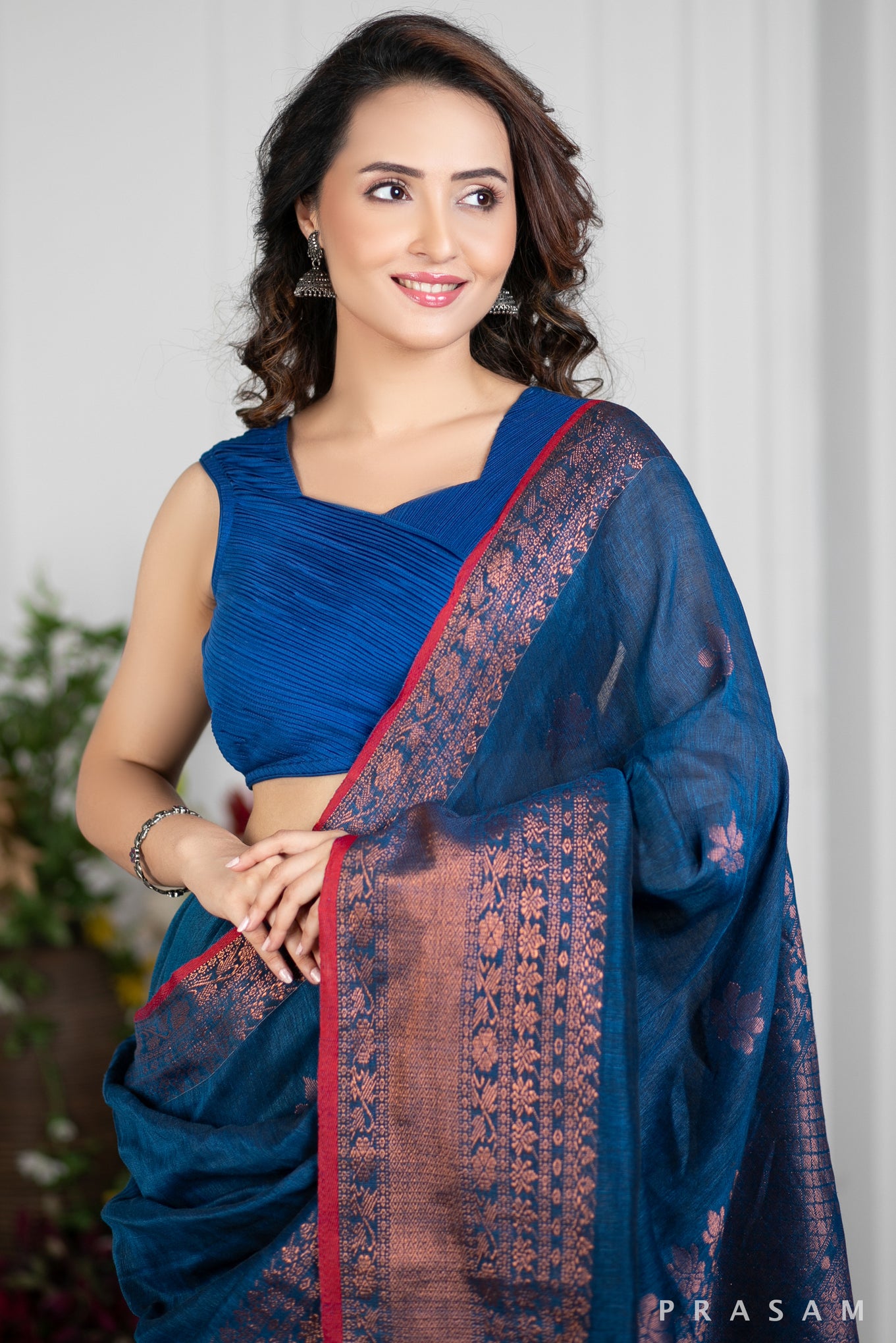 Blue Jay Handwoven Jamdani Copper Cotton Saree Prasam Crafts