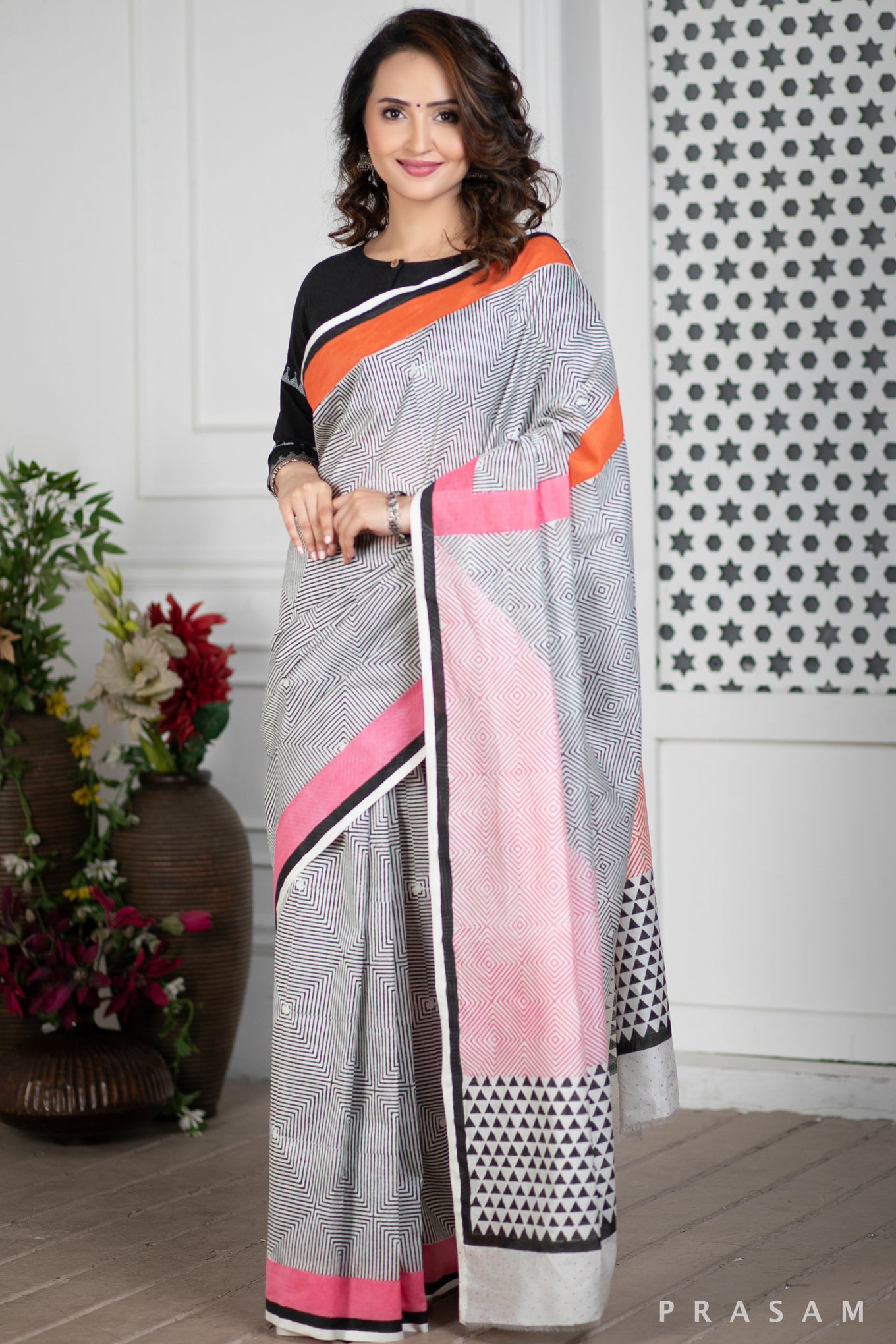 Celestial Symphonies Hand Block Printed Chanderi Silk Saree Prasam Crafts