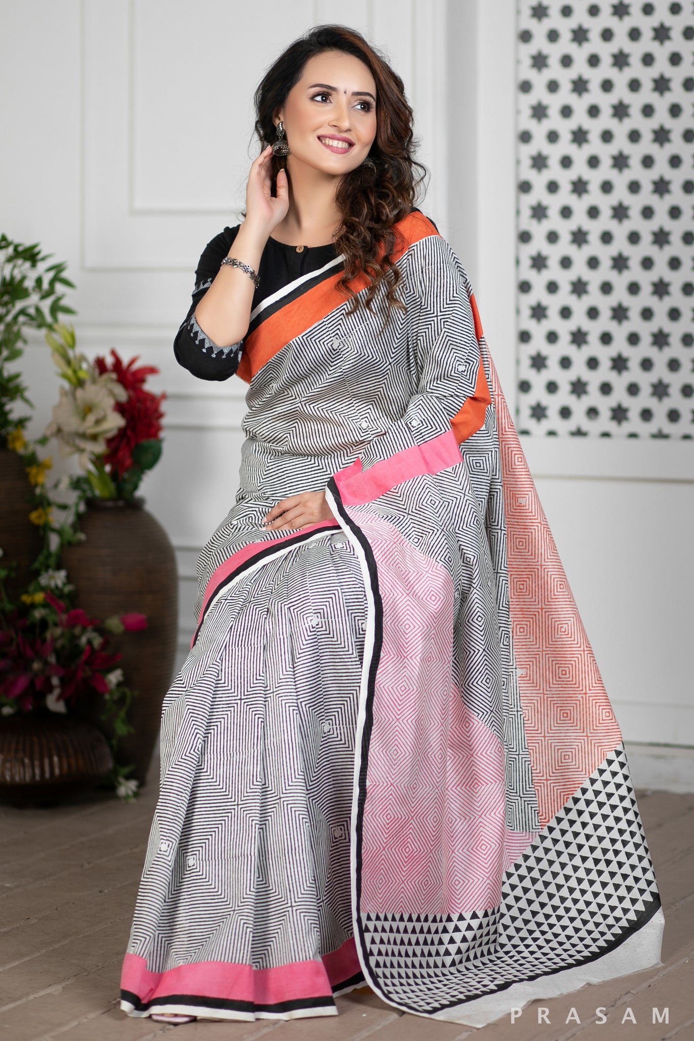 Celestial Symphonies Hand Block Printed Chanderi Silk Saree Prasam Crafts