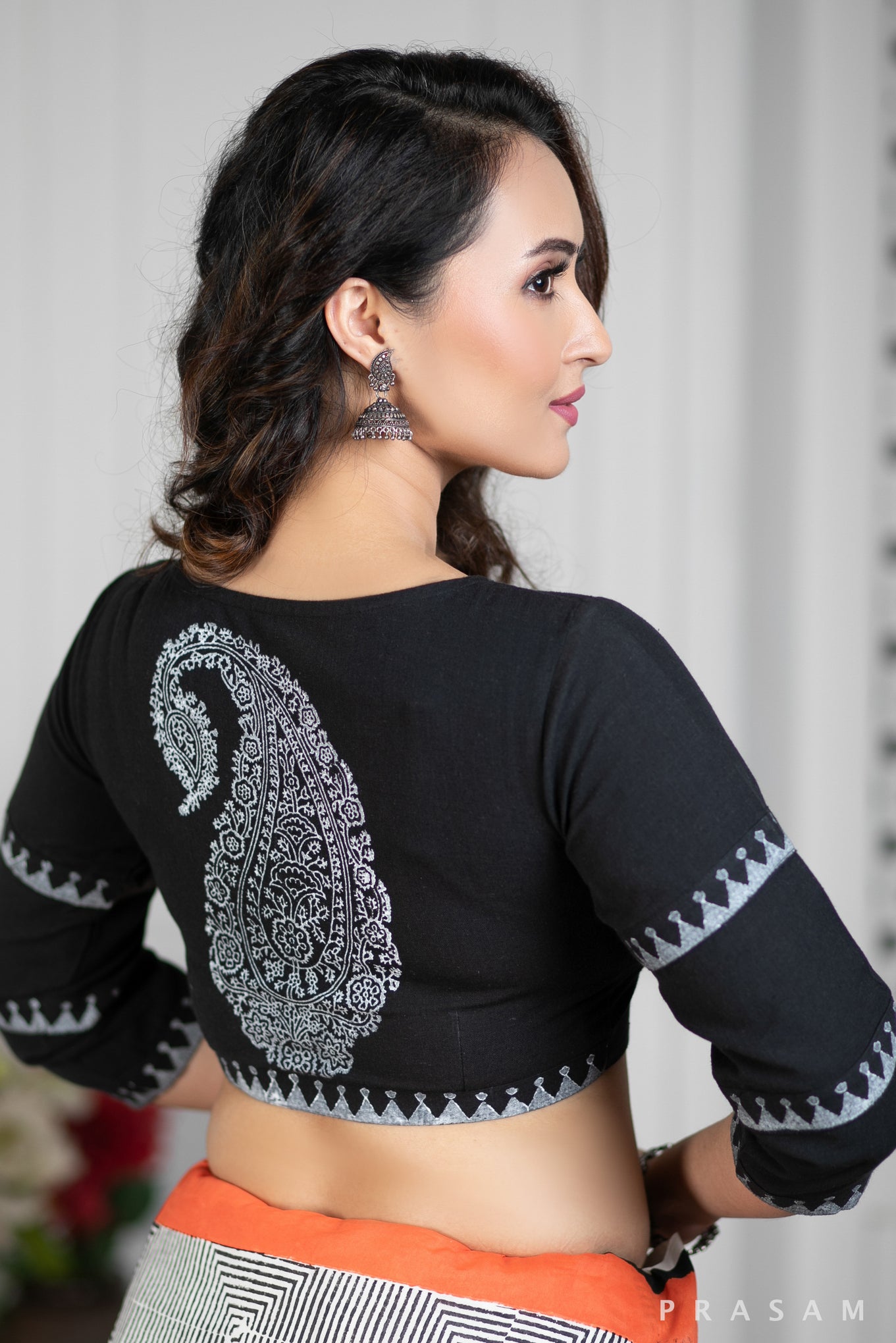 Black Handwoven Cotton Block Printed Ankle Sleeve Blouse Prasam Crafts