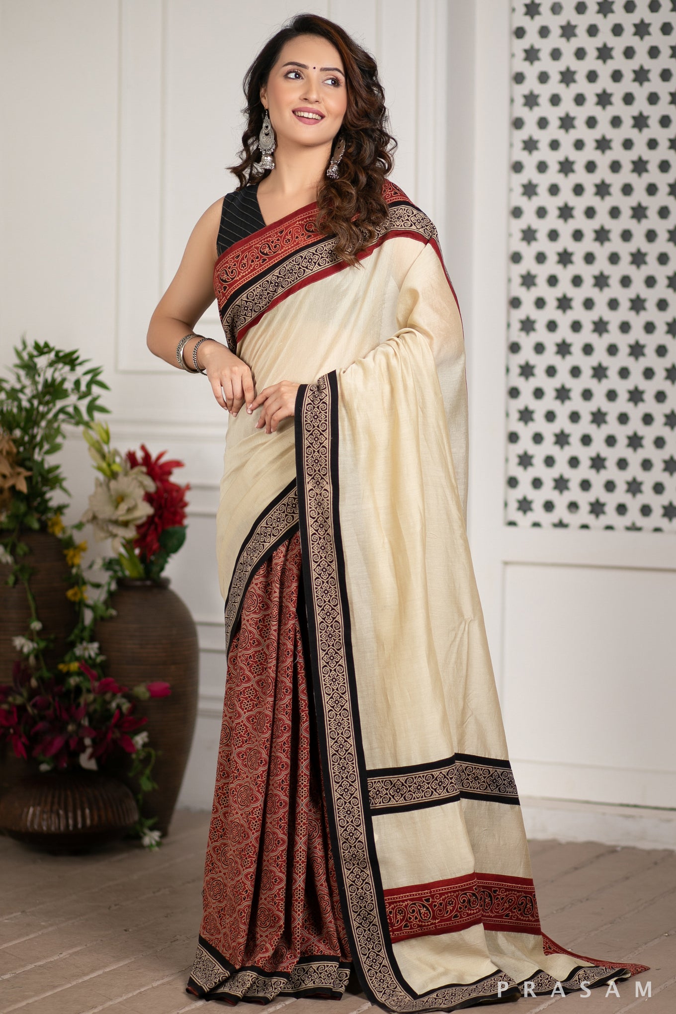 Enchanted Soul Chanderi Silk Saree with Ajrakh Border Prasam Crafts