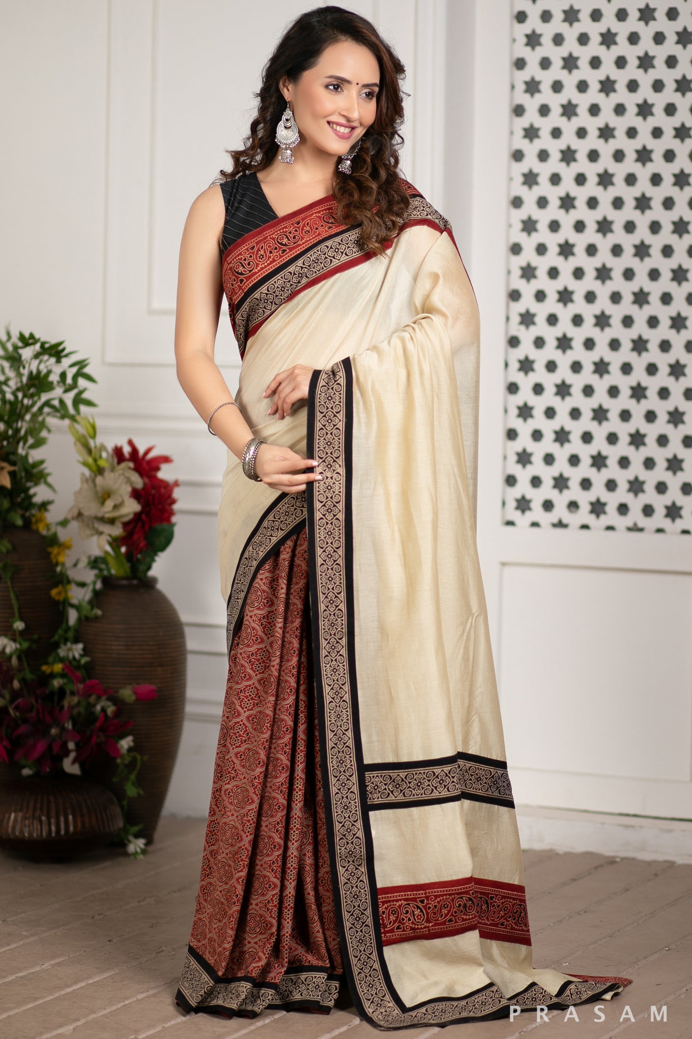 Enchanted Soul Chanderi Silk Saree with Ajrakh Border Prasam Crafts