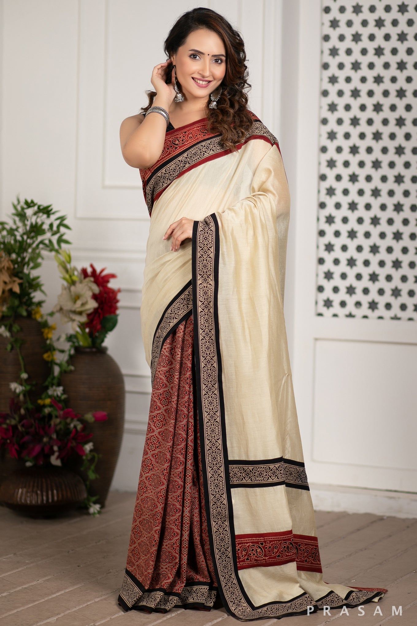 Enchanted Soul Chanderi Silk Saree with Ajrakh Border Prasam Crafts