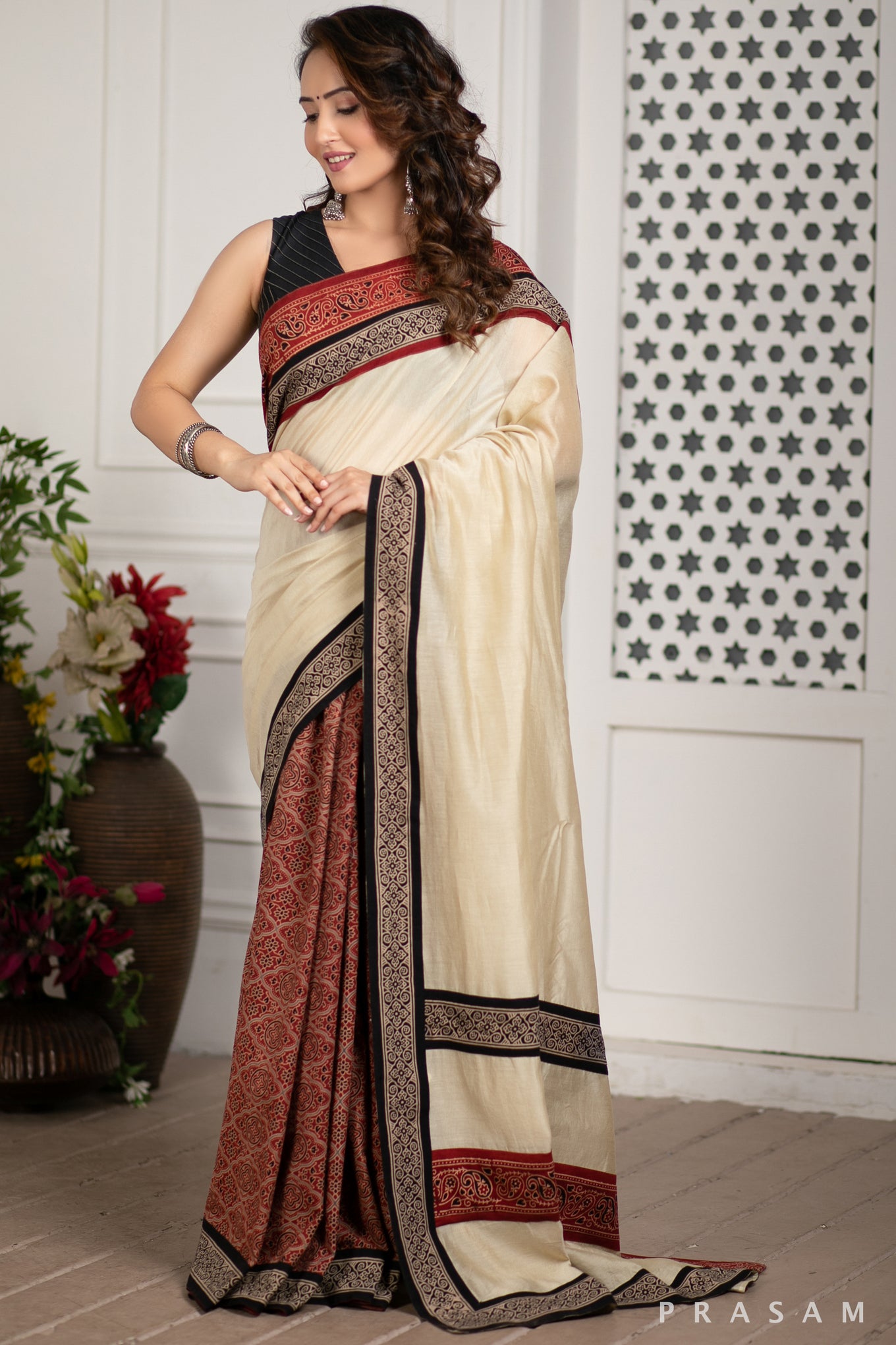 Enchanted Soul Chanderi Silk Saree with Ajrakh Border Prasam Crafts