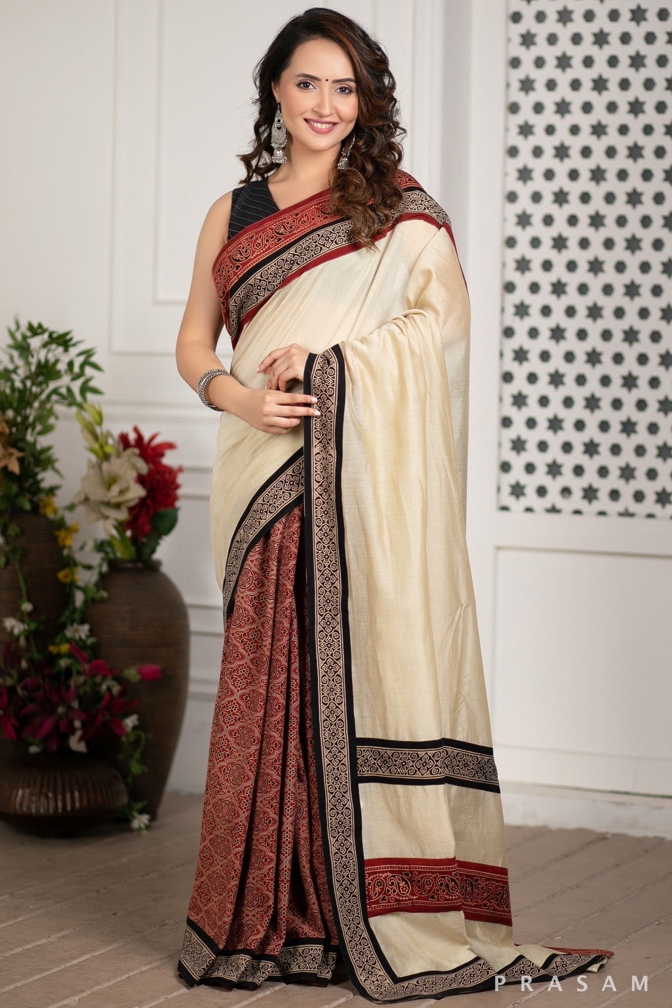 Enchanted Soul Chanderi Silk Saree with Ajrakh Border Prasam Crafts