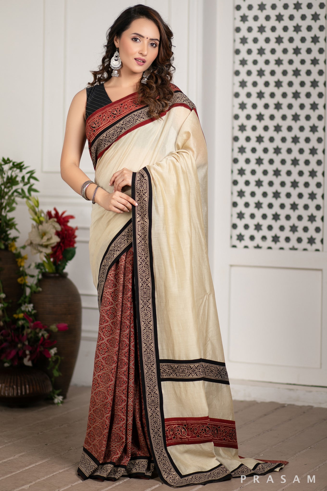 Enchanted Soul Chanderi Silk Saree with Ajrakh Border Prasam Crafts