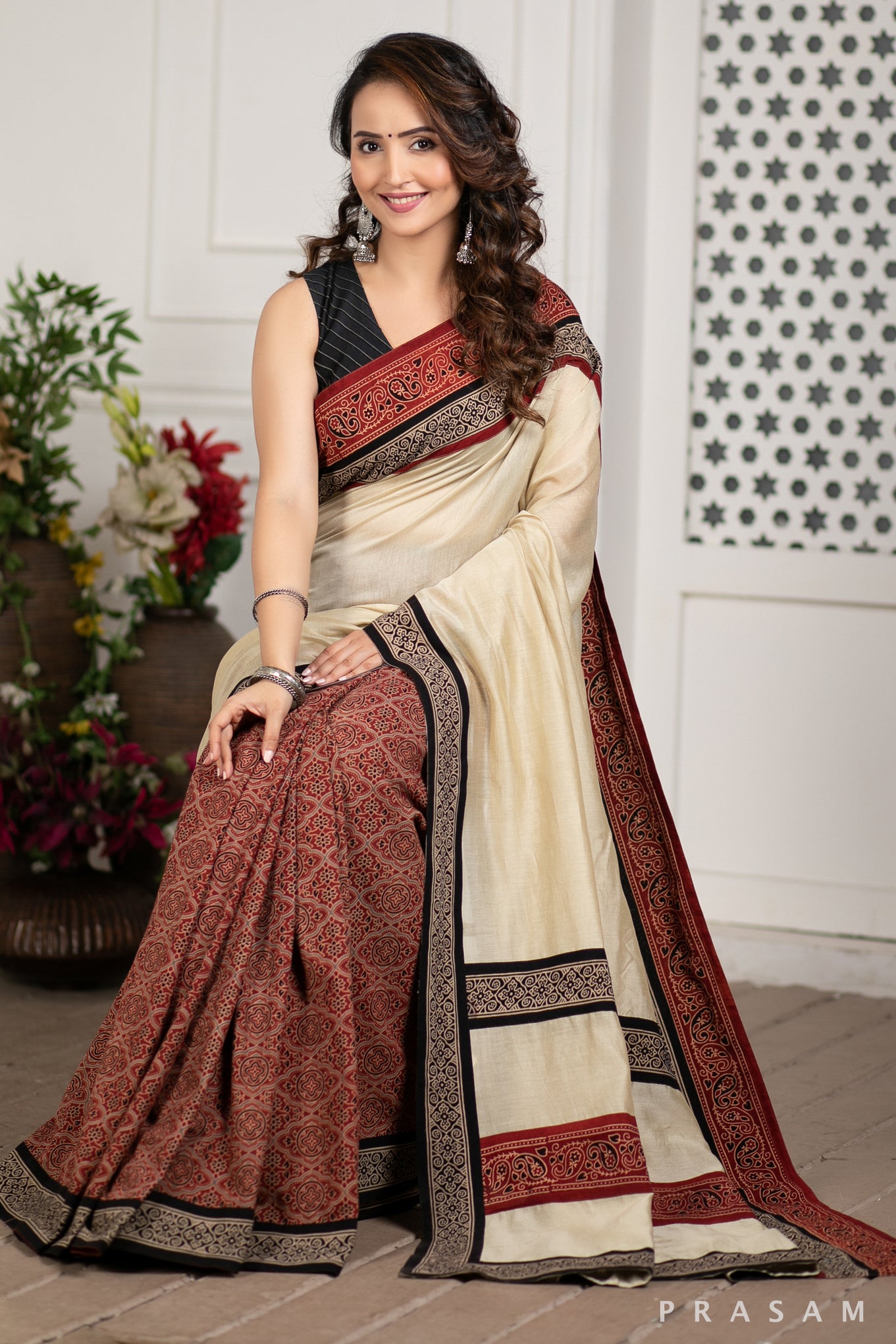 Enchanted Soul Chanderi Silk Saree with Ajrakh Border Prasam Crafts