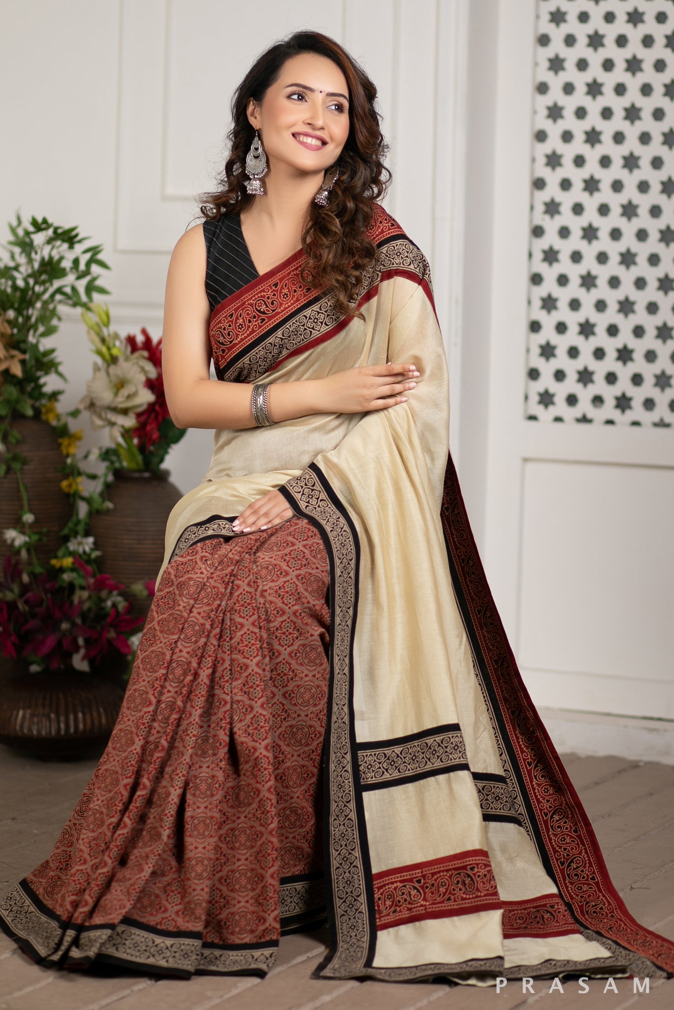 Enchanted Soul Chanderi Silk Saree with Ajrakh Border Prasam Crafts