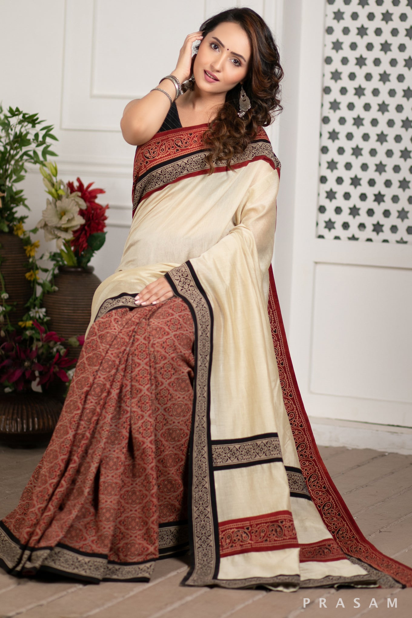 Enchanted Soul Chanderi Silk Saree with Ajrakh Border Prasam Crafts