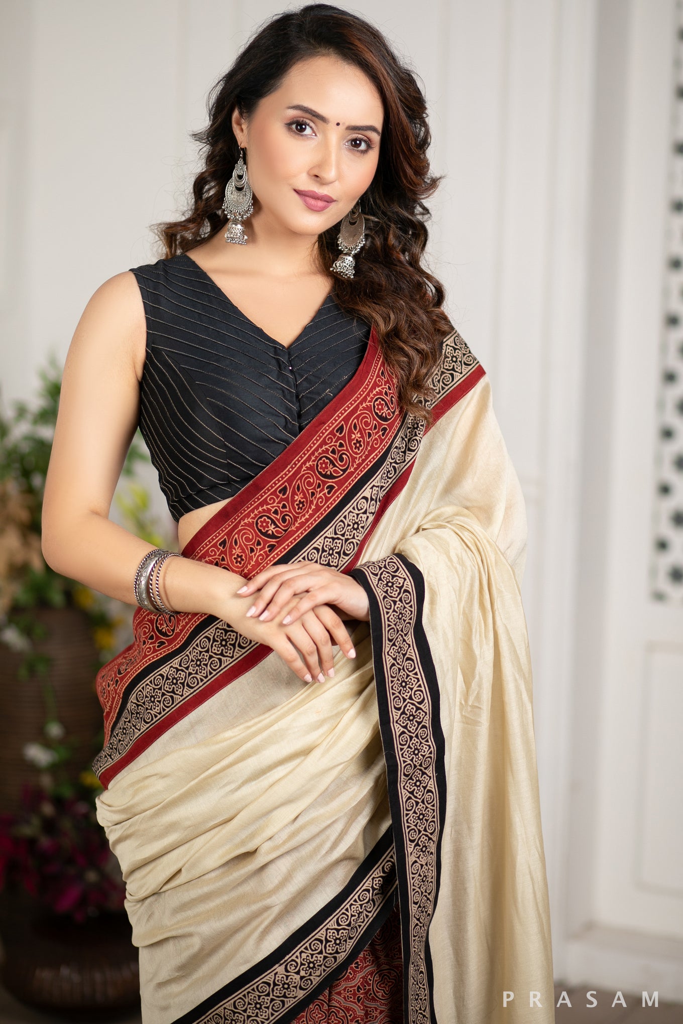 Enchanted Soul Chanderi Silk Saree with Ajrakh Border Prasam Crafts