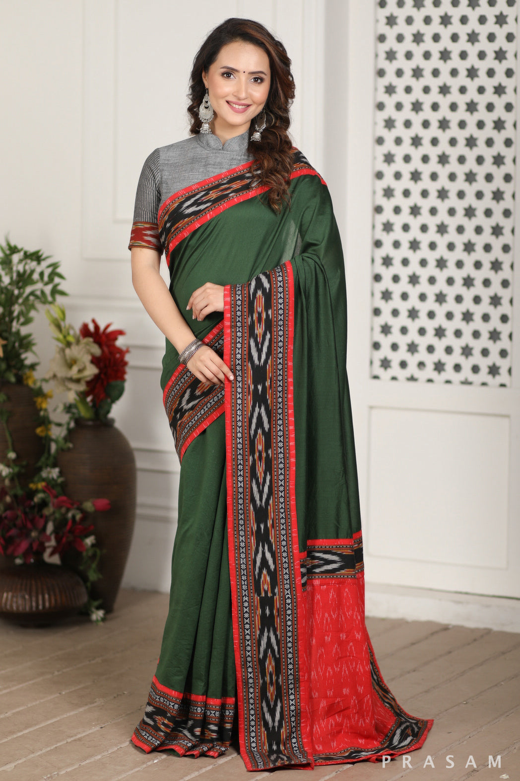 First Green Chanderi Ikat Fusion Saree Prasam Crafts