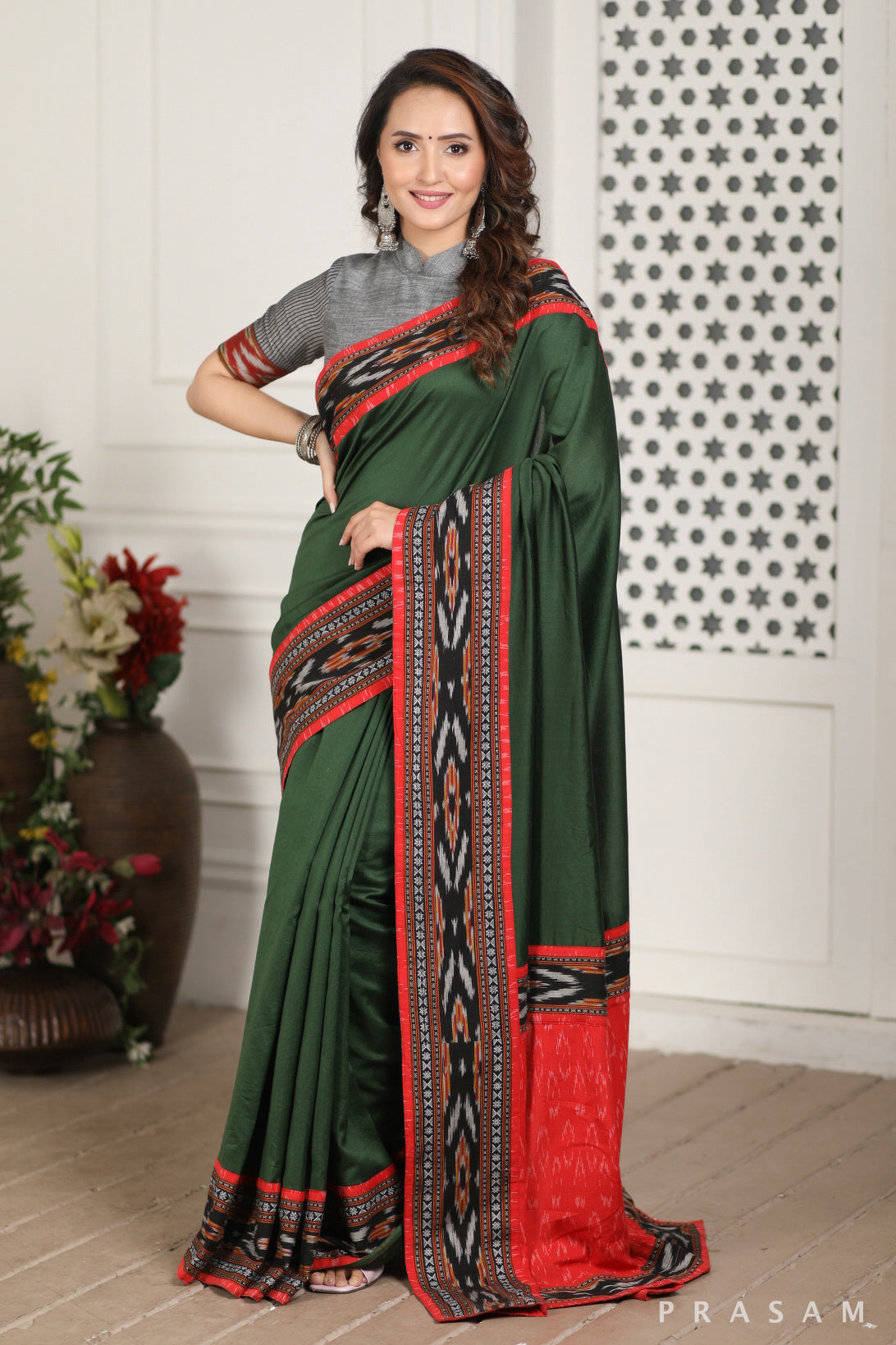 First Green Chanderi Ikat Fusion Saree Prasam Crafts