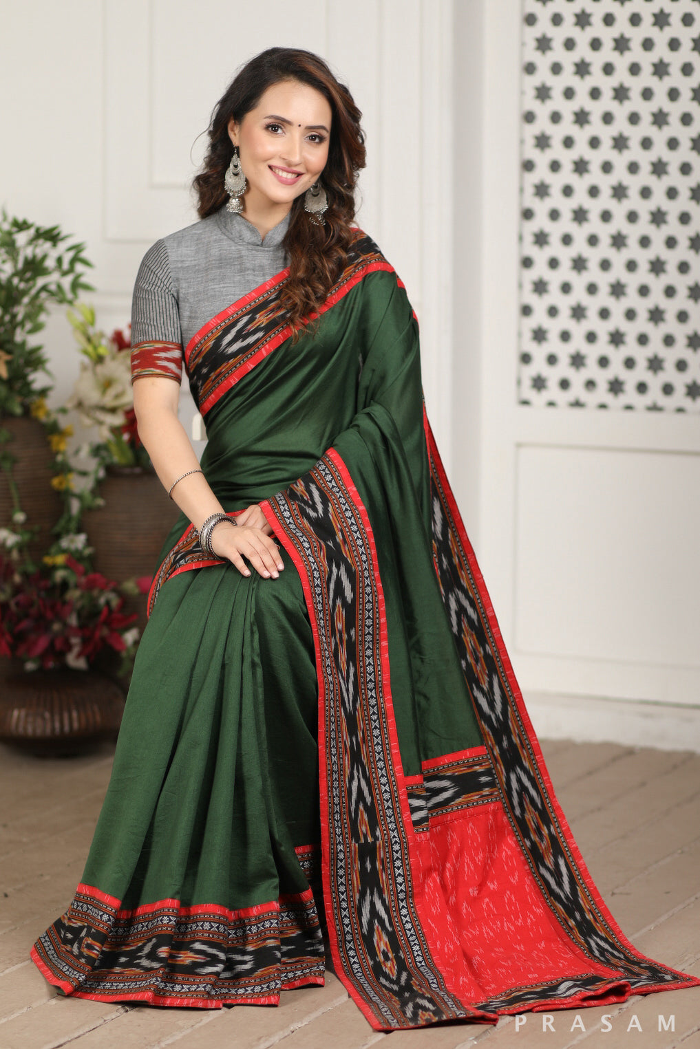 First Green Chanderi Ikat Fusion Saree Prasam Crafts