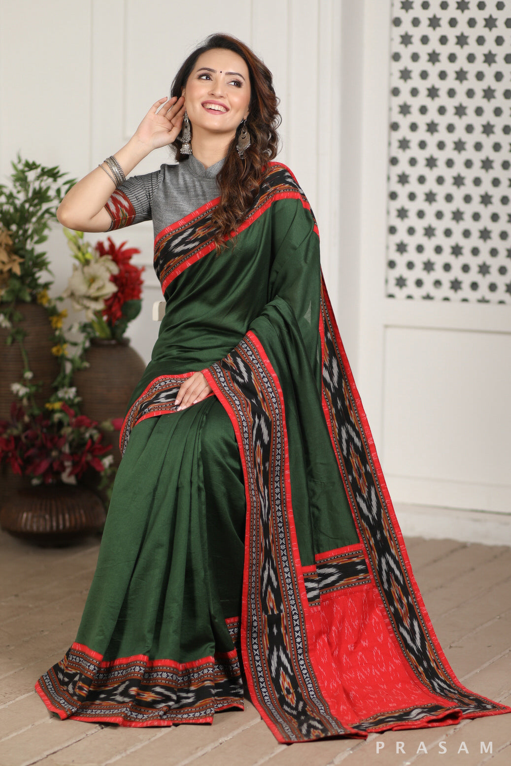 First Green Chanderi Ikat Fusion Saree Prasam Crafts