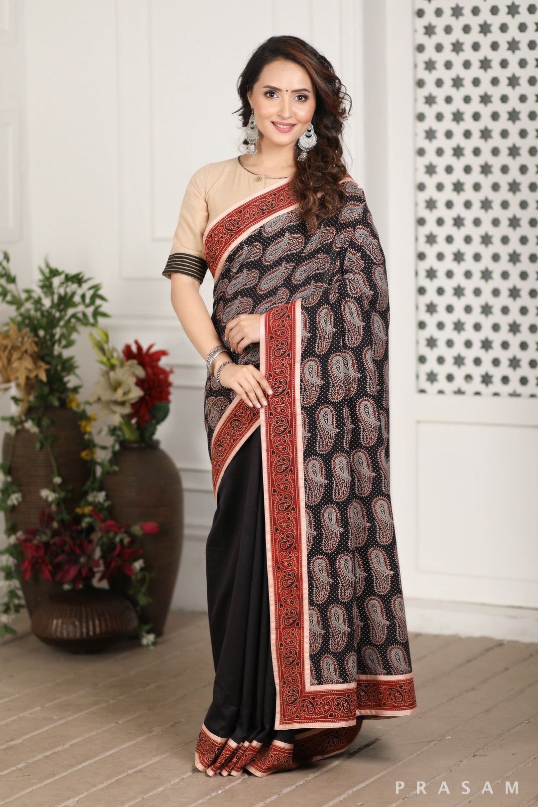 Patch Paisley Ajrakh cotton and Chanderi Silk Fusion Saree Prasam Crafts