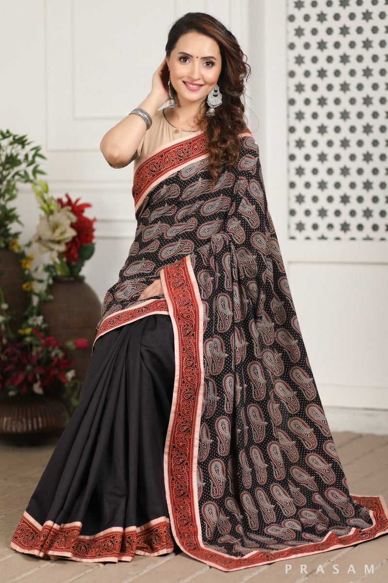 Patch Paisley Ajrakh cotton and Chanderi Silk Fusion Saree Prasam Crafts