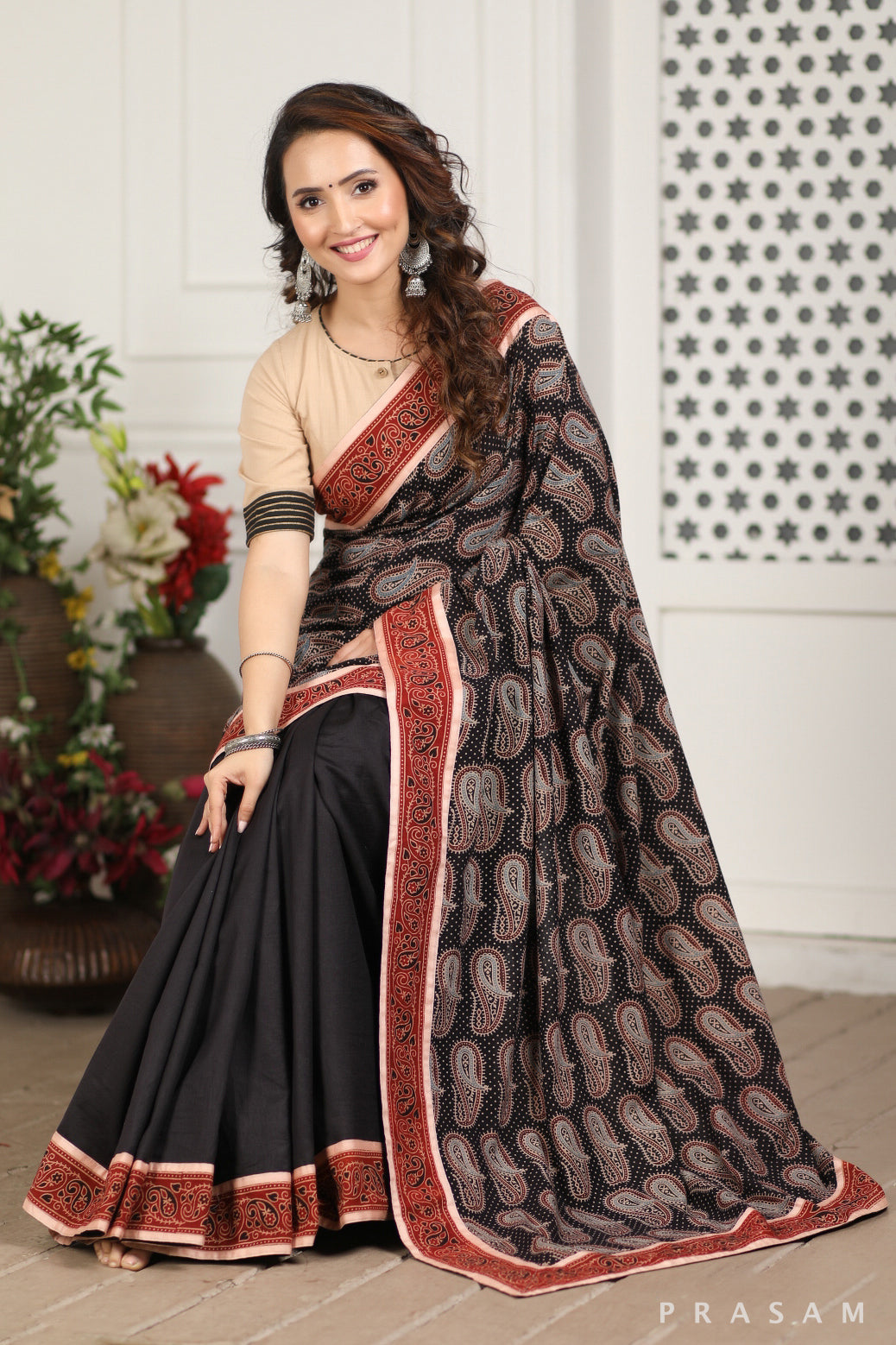 Patch Paisley Ajrakh cotton and Chanderi Silk Fusion Saree Prasam Crafts