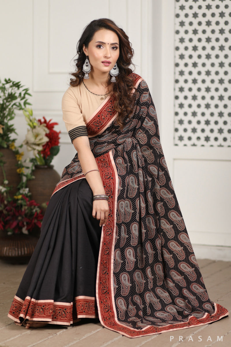 Patch Paisley Ajrakh cotton and Chanderi Silk Fusion Saree Prasam Crafts