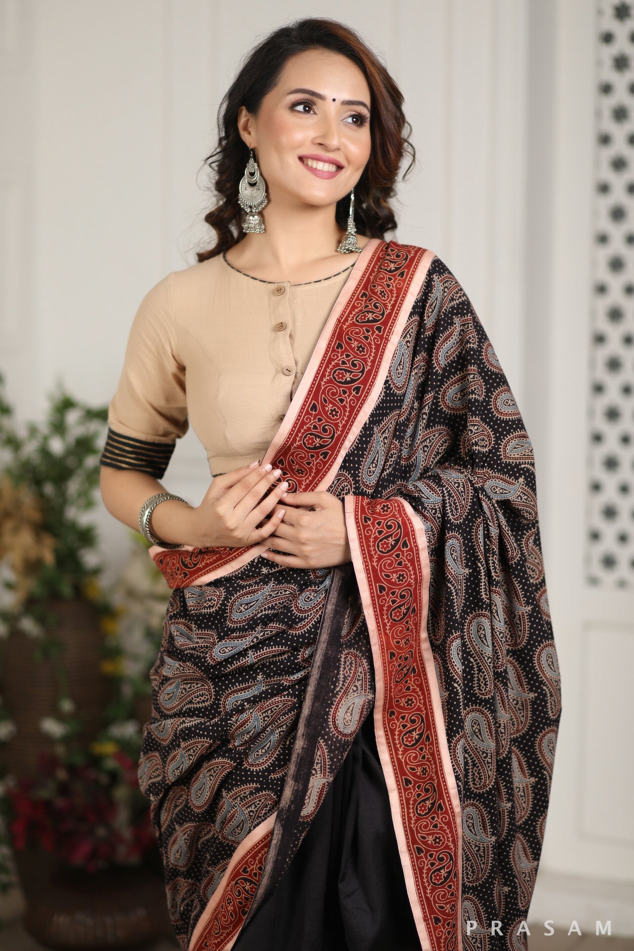 Patch Paisley Ajrakh cotton and Chanderi Silk Fusion Saree Prasam Crafts