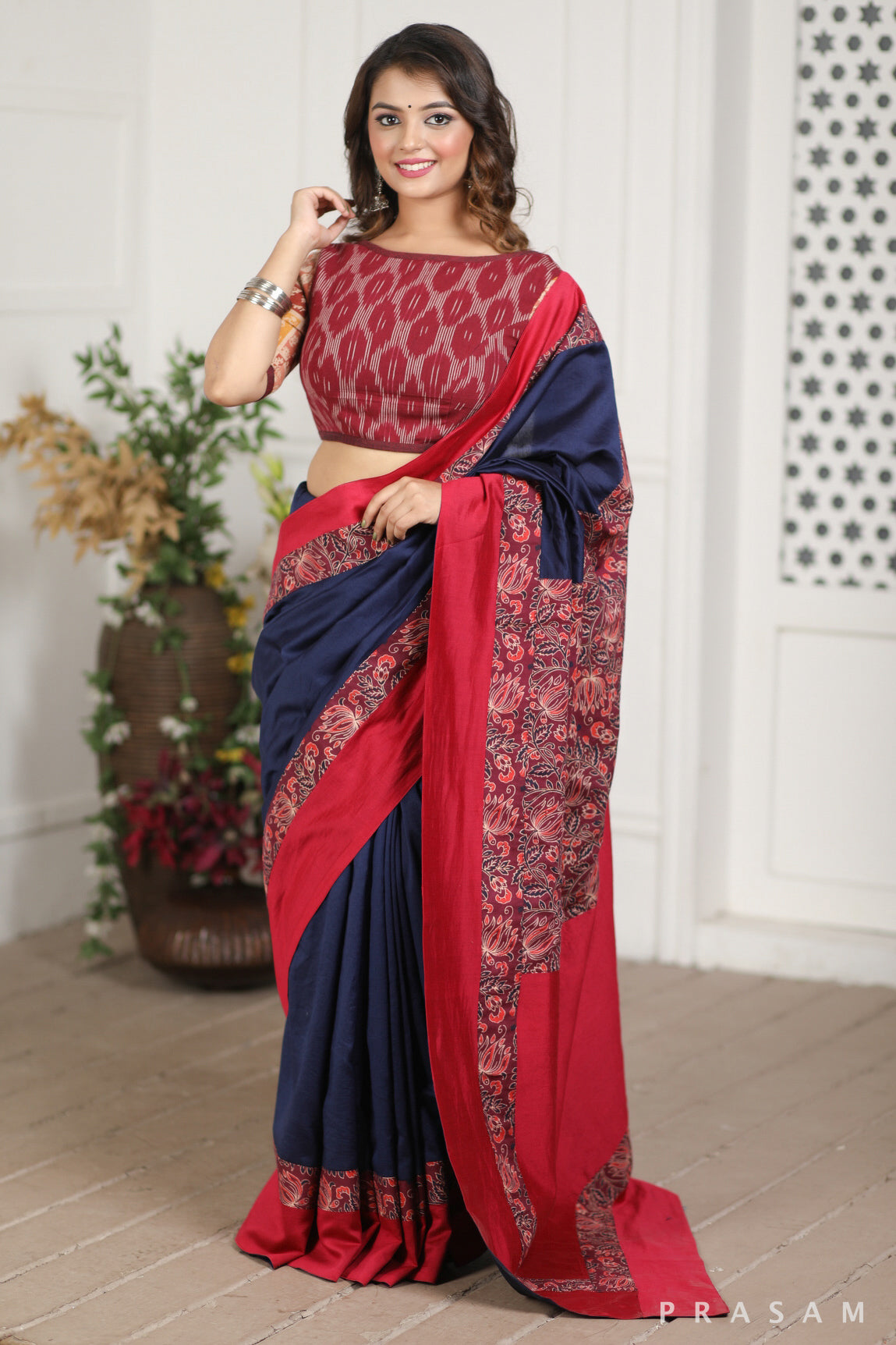 Deep Blue Heavens Chanderi Silk and Bagru Block Print Fusion Saree Prasam Crafts