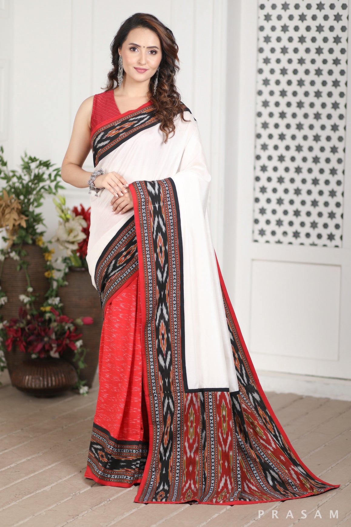 Megha Chanderi Silk and Ikat Cotton Fusion Saree Prasam Crafts