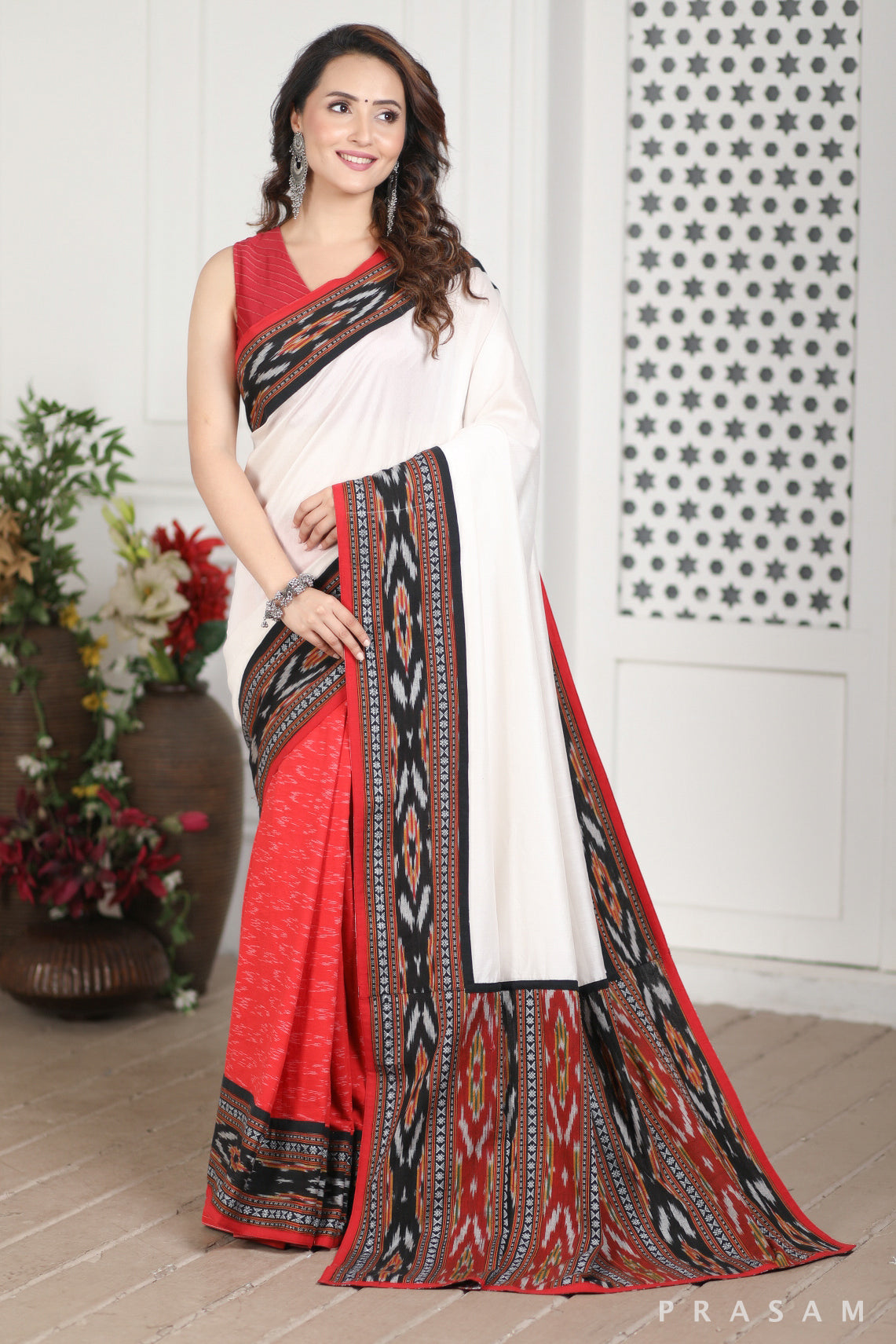 Megha Chanderi Silk and Ikat Cotton Fusion Saree Prasam Crafts