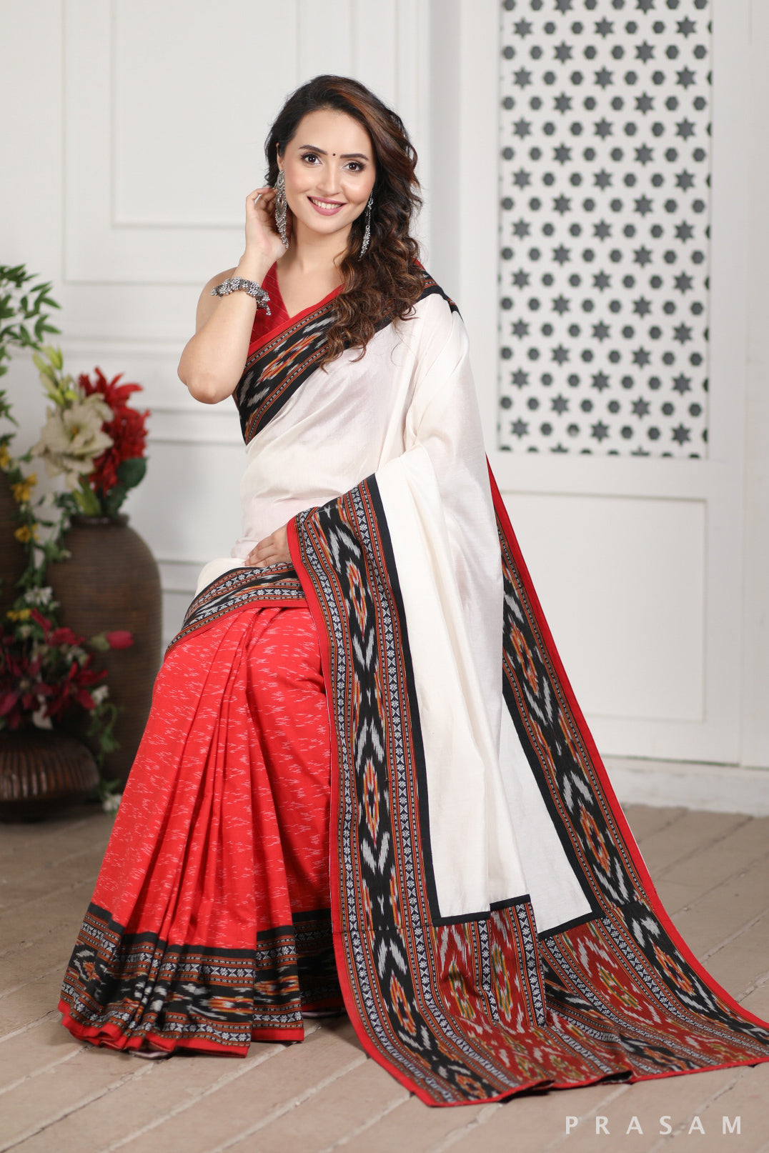 Megha Chanderi Silk and Ikat Cotton Fusion Saree Prasam Crafts