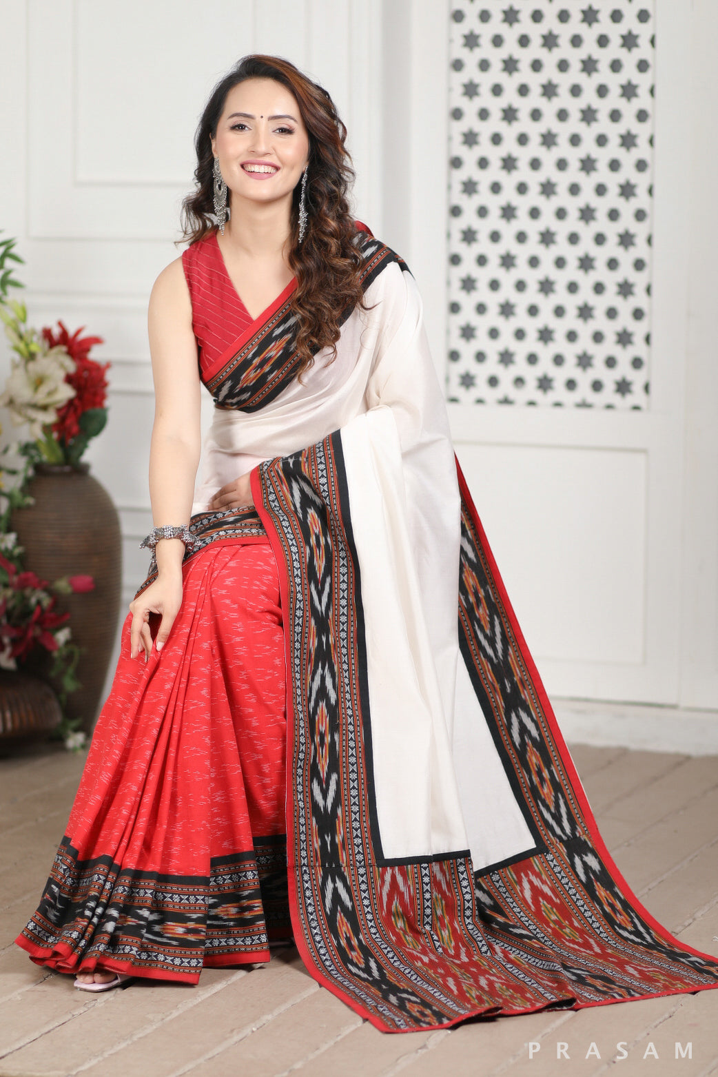 Megha Chanderi Silk and Ikat Cotton Fusion Saree Prasam Crafts