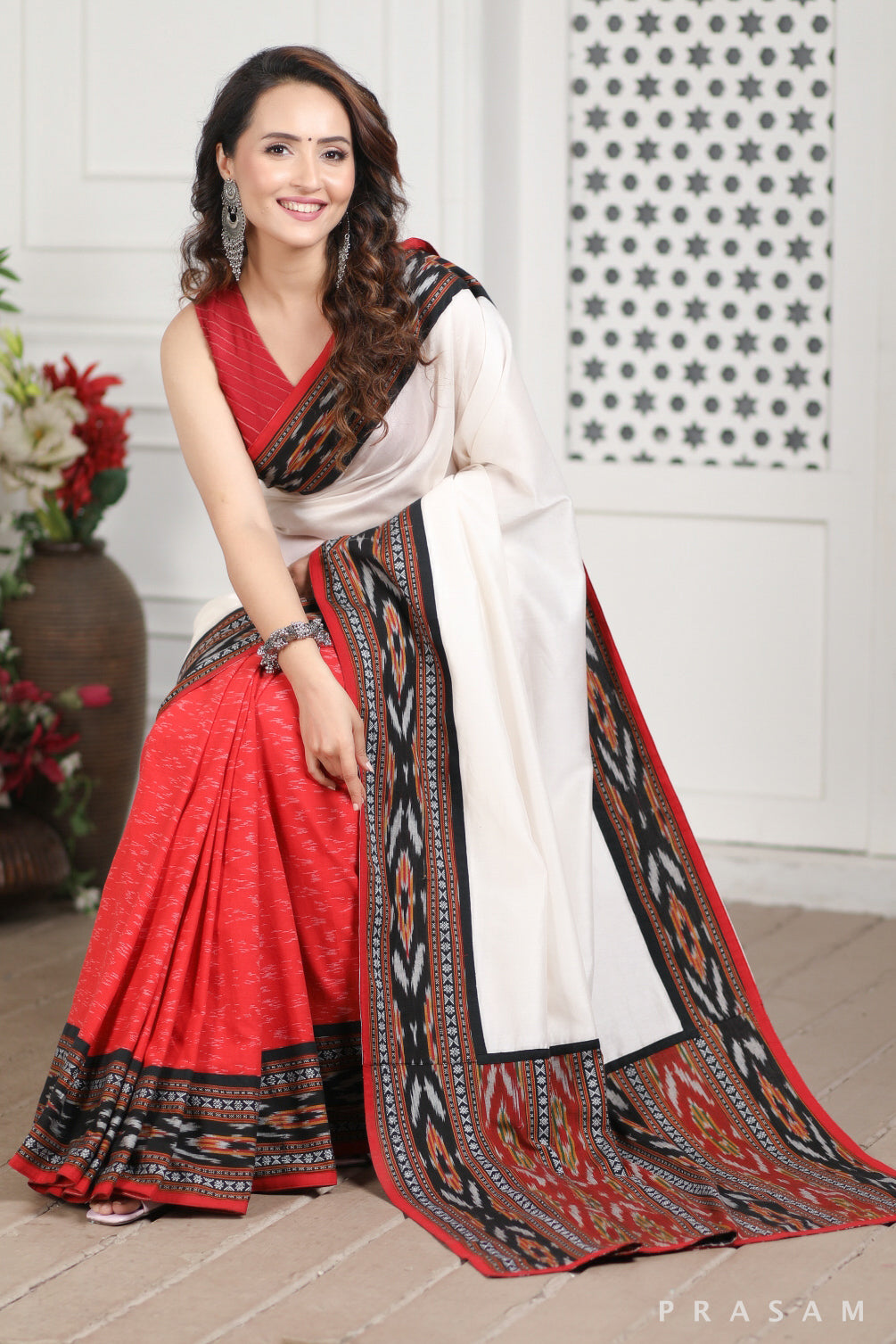 Megha Chanderi Silk and Ikat Cotton Fusion Saree Prasam Crafts