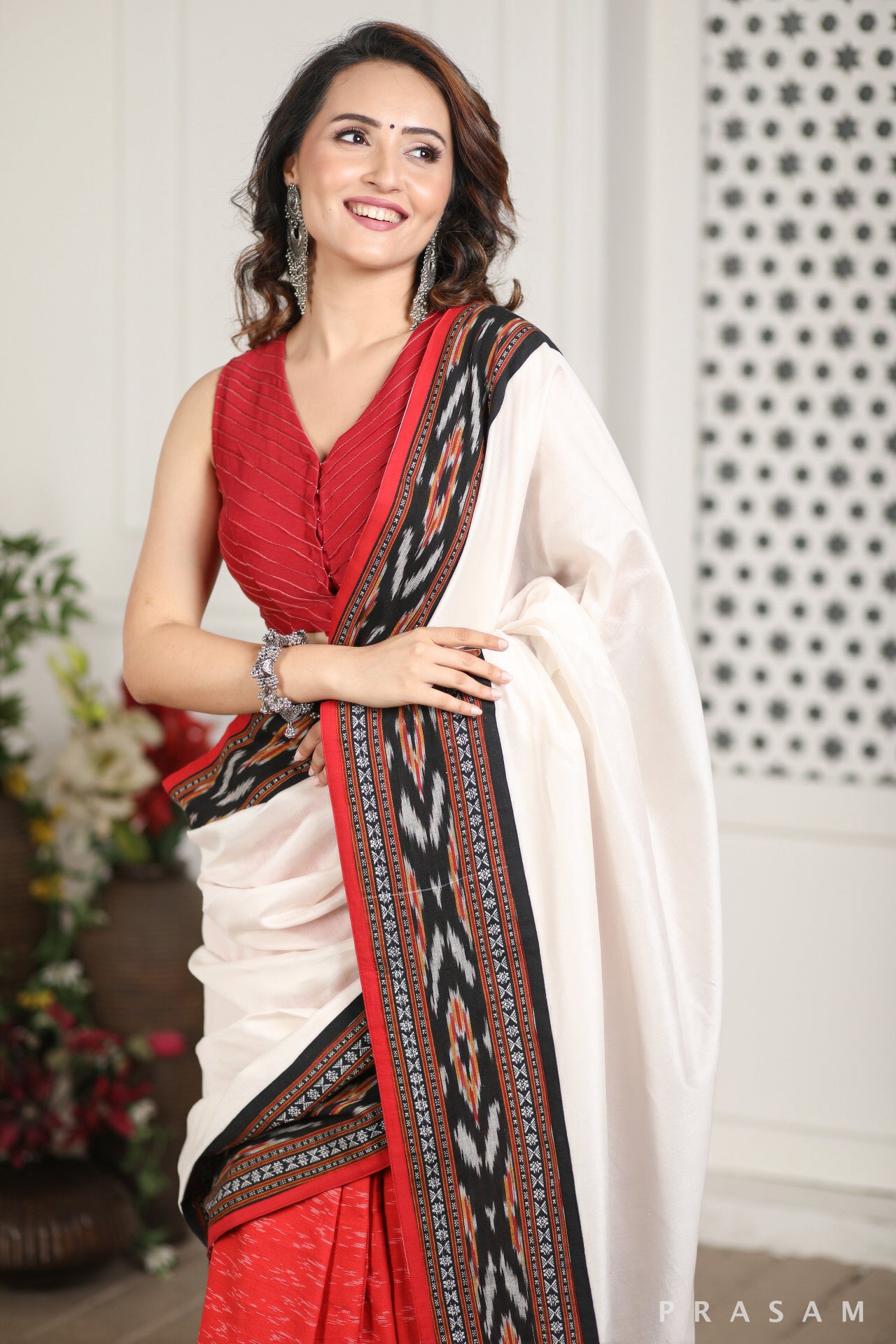 Megha Chanderi Silk and Ikat Cotton Fusion Saree Prasam Crafts